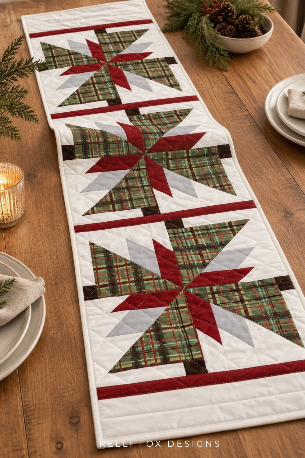 Pinery Table Runner, PDF Download, Original Design by Kelli Fox.  Perfect modern table accent for your Christmas Deocorating.  Create a beautiful holiday table with a handmade runner.