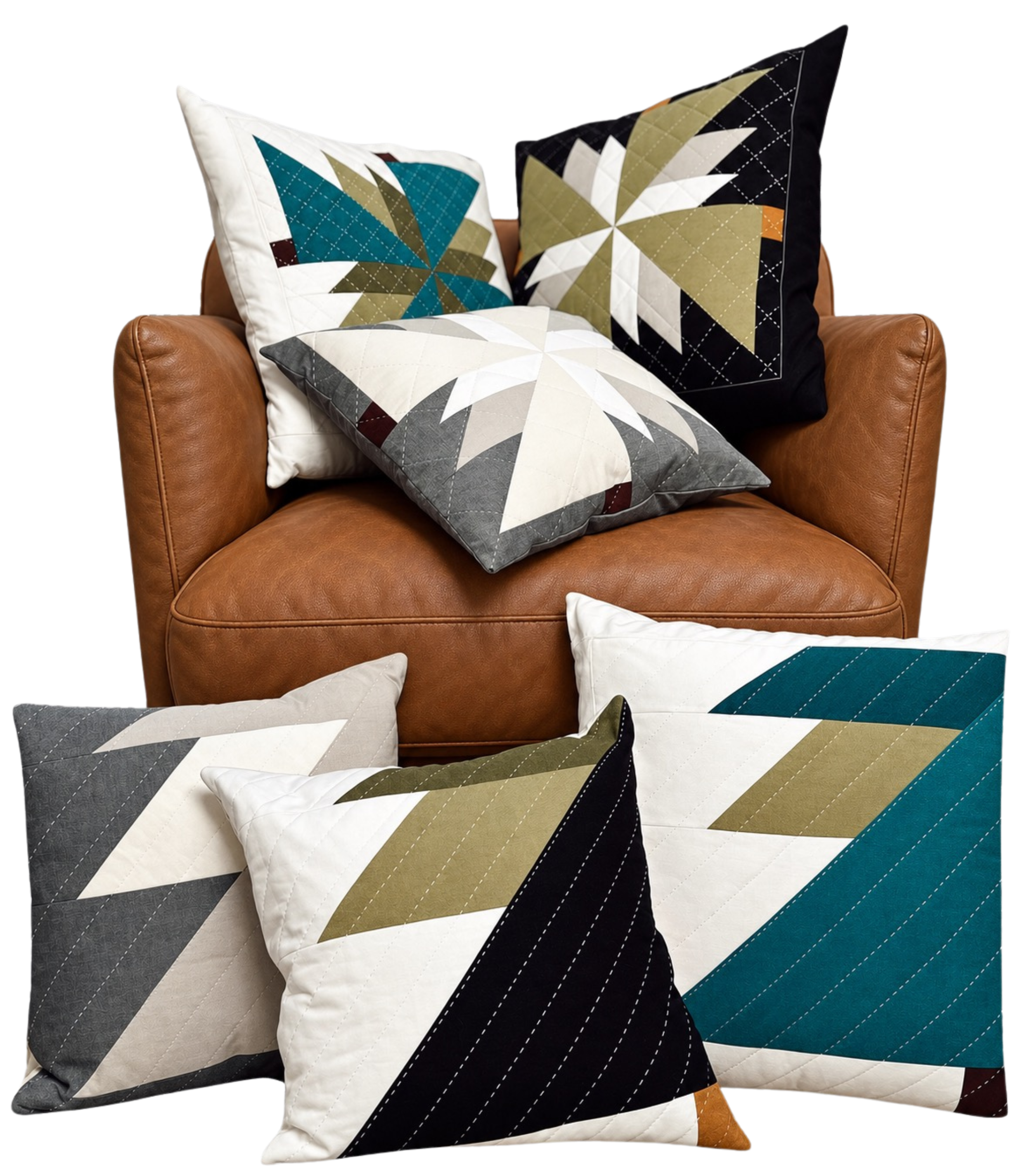 Pinery modern quilt pillow pattern featuring two 16-inch geometric pillow top designs for advanced beginners. Designed by Kelli Fox Designs.
