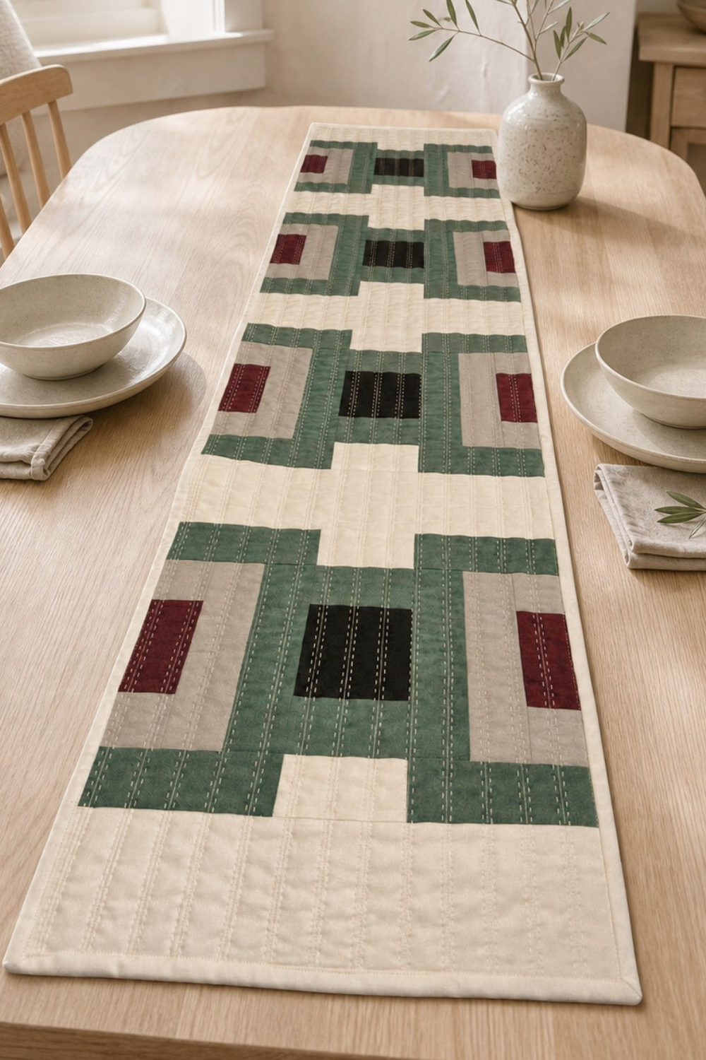 Style your table with the Cruce quilted table runner pattern, a modern DIY décor project featuring geometric blocks in earthy, inviting colors.