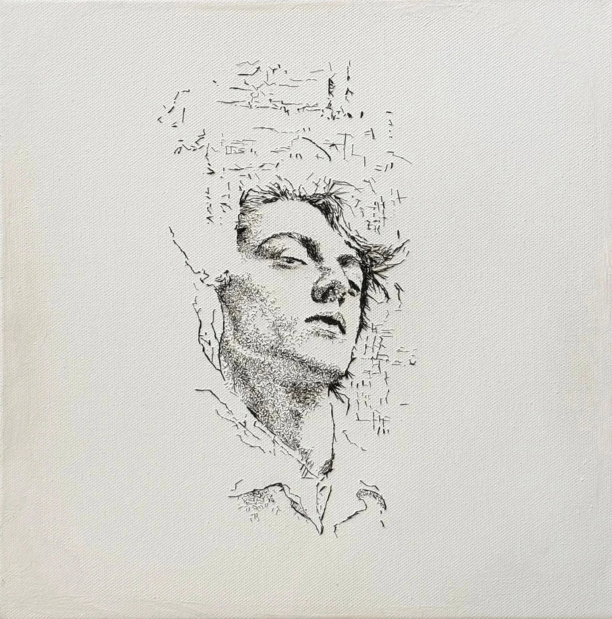 Black and white stitched portrait artwork