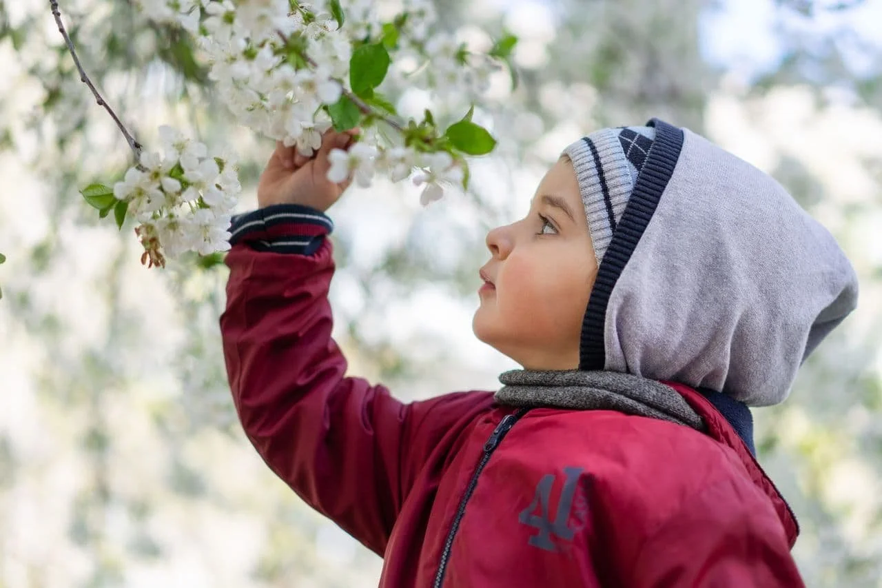 a-boy-in-red-jacket-holding-white-flowers