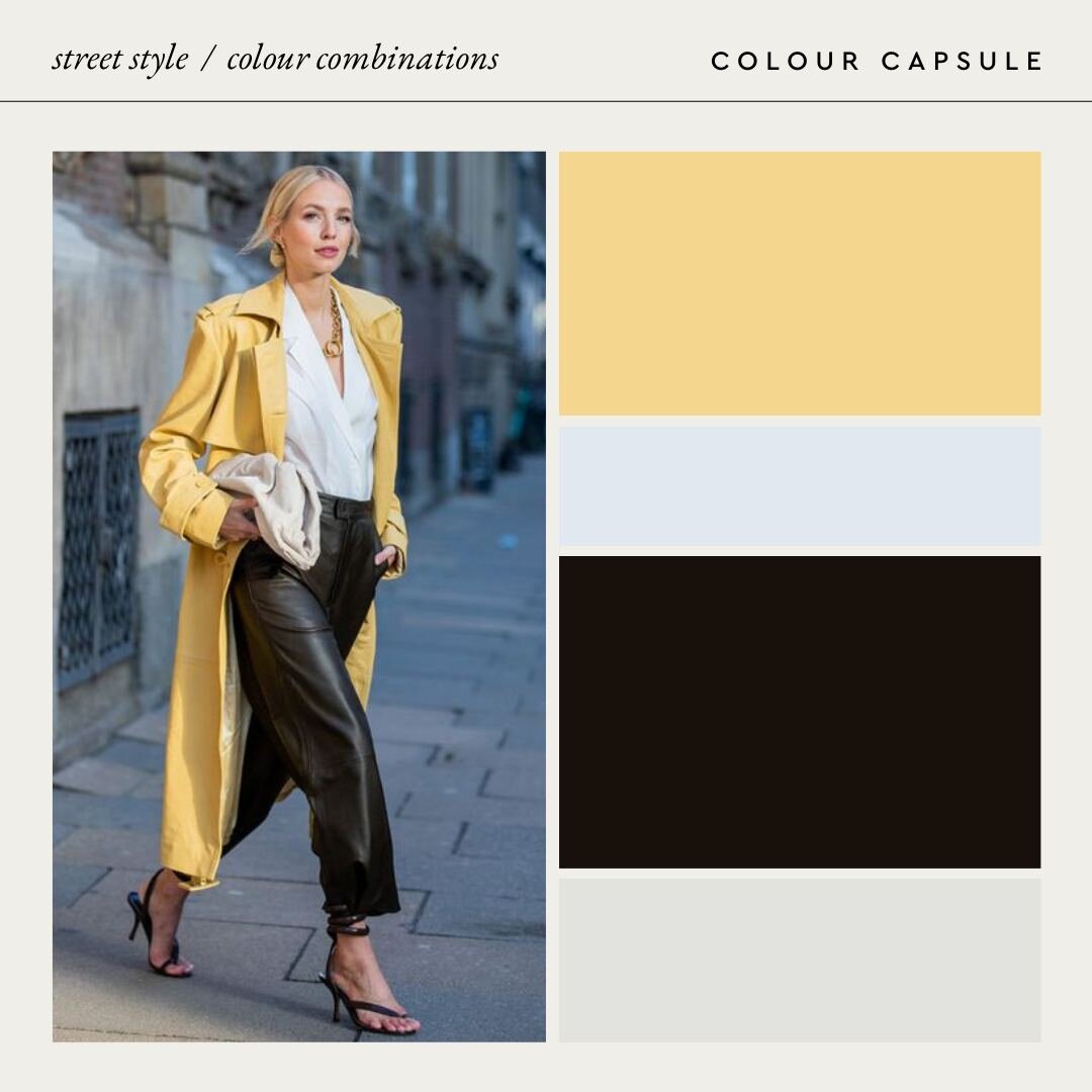 Elevate your style with this colour combination inspiration! 🌼 From the chic yellow trench to the contrasting black leather pants, discover how the right hues can make your outfit pop. Remember, our mission is for you to wear more colours and experi