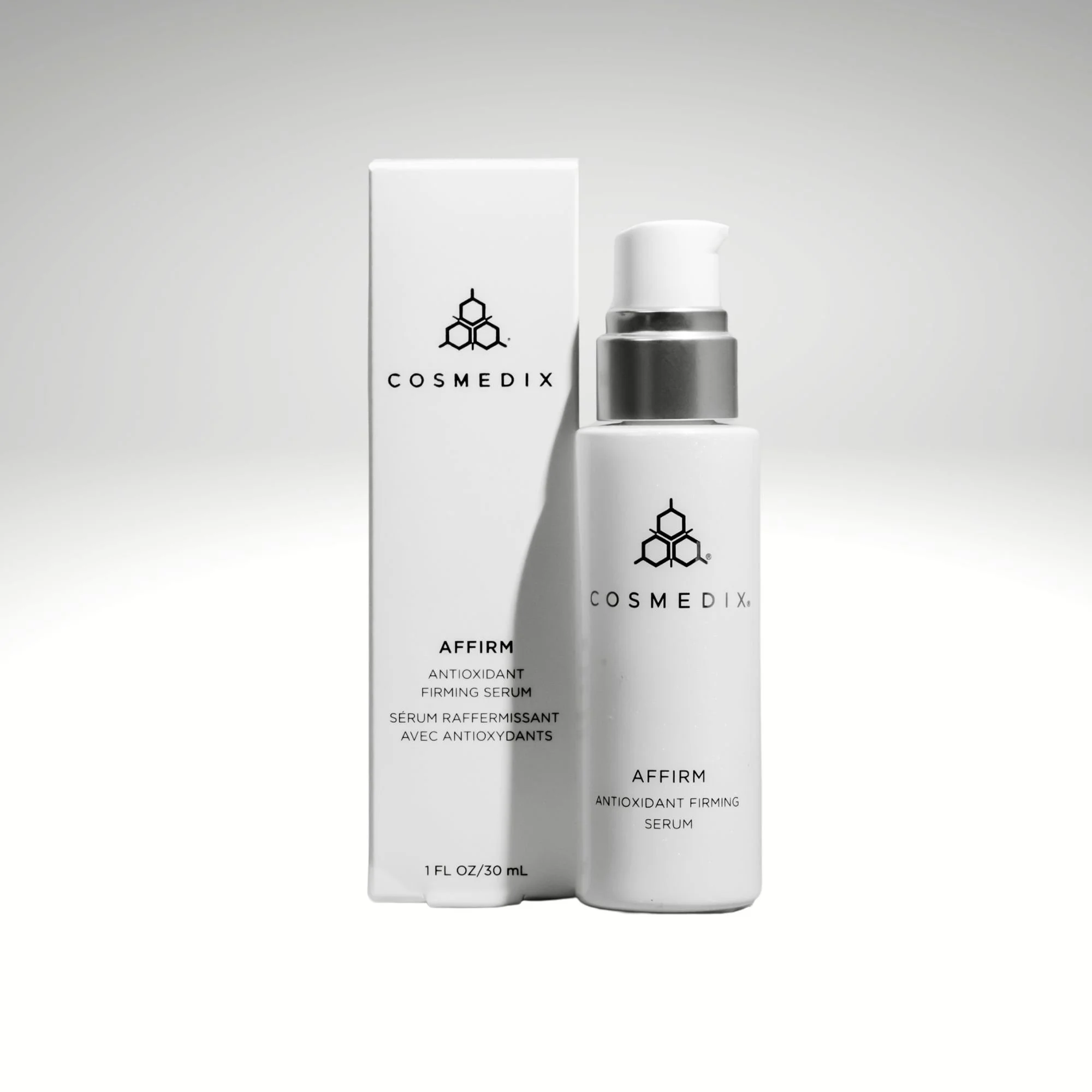 COSMEDIX Affirm Antioxidant Firming Serum bottle beside its white box labeled 1 fl oz, 30 mL.