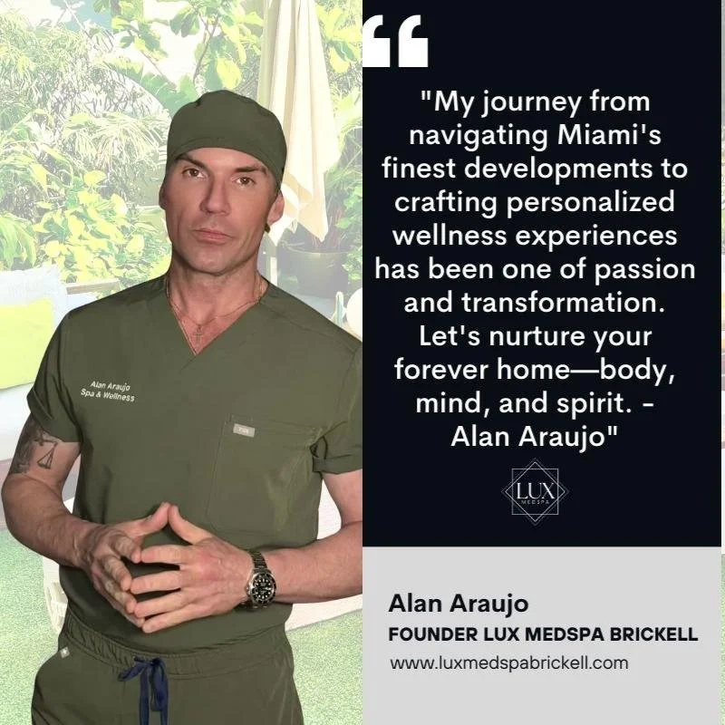 Alan Araujo, founder of Lux MedSpa Brickell in Miami, wearing clinical uniform in a tropical-inspired spa setting.