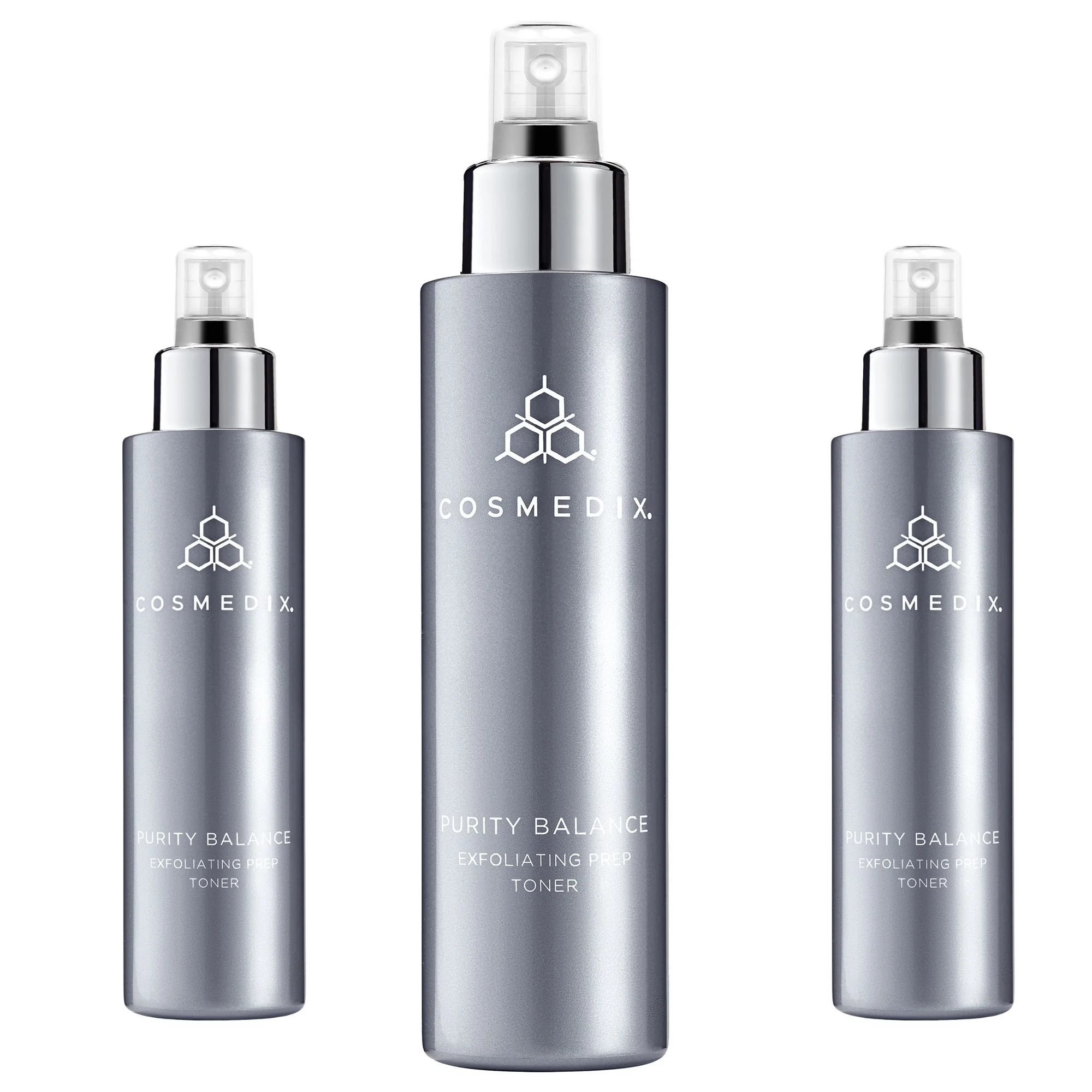 COSMEDIX Purity Balance Exfoliating Prep Toner bottle displayed on its original silver-gray bottle.