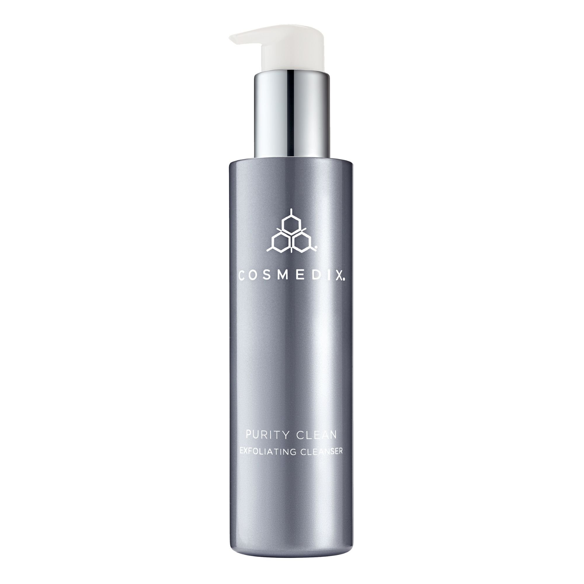 Single bottle of COSMEDIX Purity Clean Exfoliating Cleanser, a facial cleanser formulated with lactic acid.