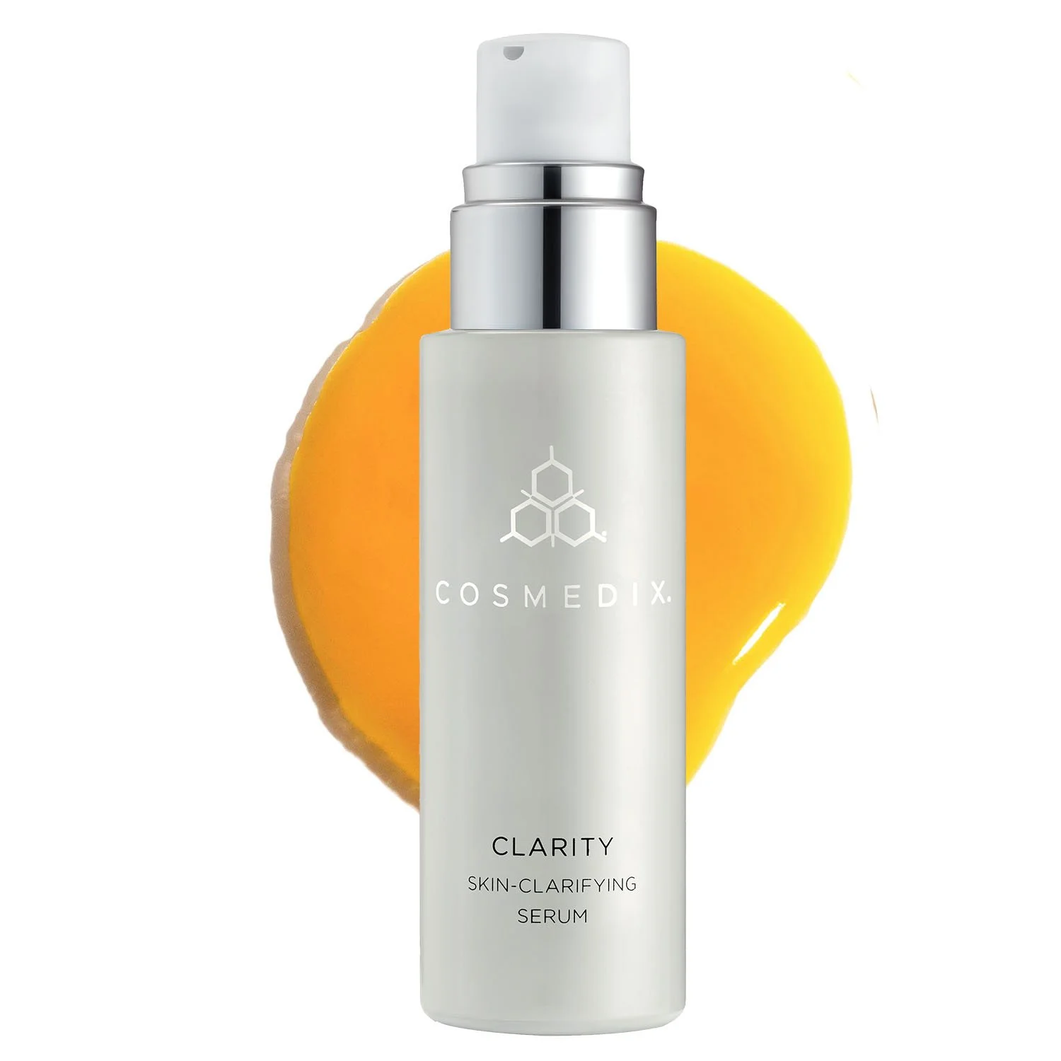 COSMEDIX Clarity Serum pump bottle in front of an orange serum swatch