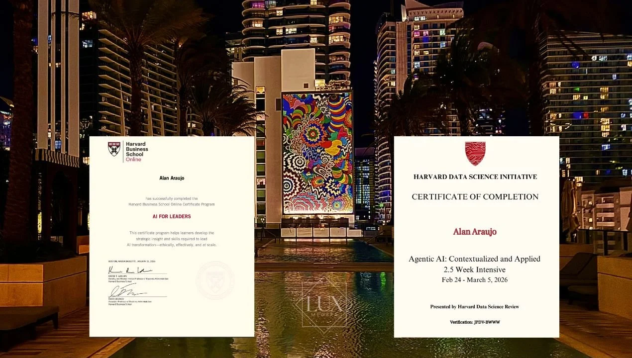 Alan Araujo, Founder of Lux MedSpa Brickell, featuring Harvard Business School Online AI for Leaders and Harvard Data Science Initiative Agentic AI certifications against the Miami Brickell skyline.