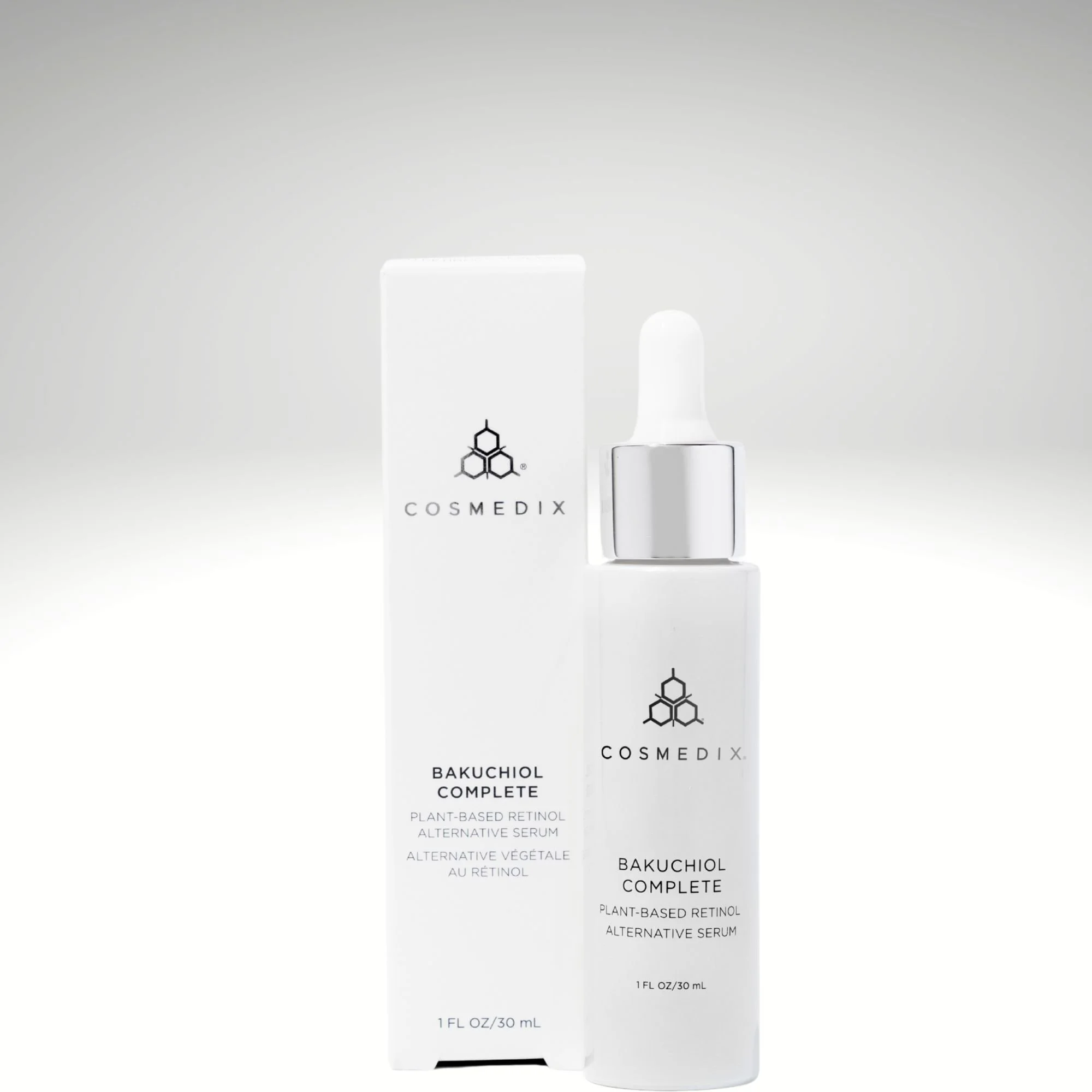 COSMEDIX Bakuchiol Complete serum bottle and box side by side.