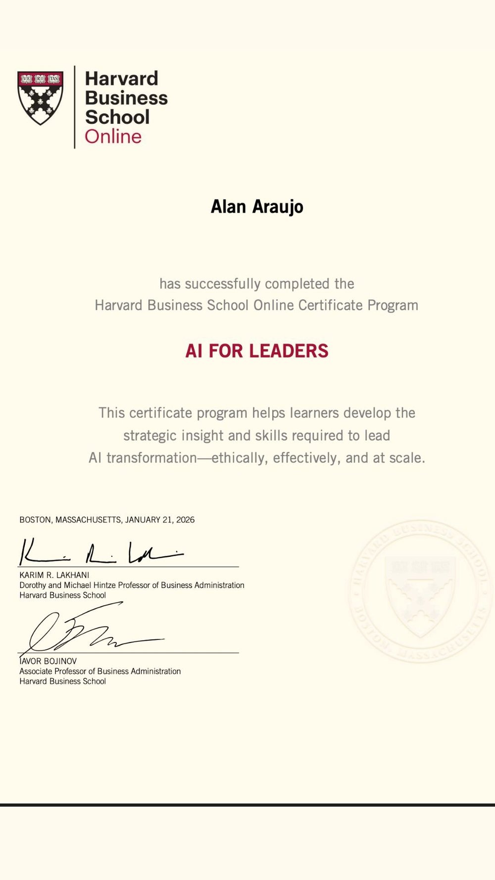Harvard Business School Online, AI for Leaders Certificate, Alan Araujo