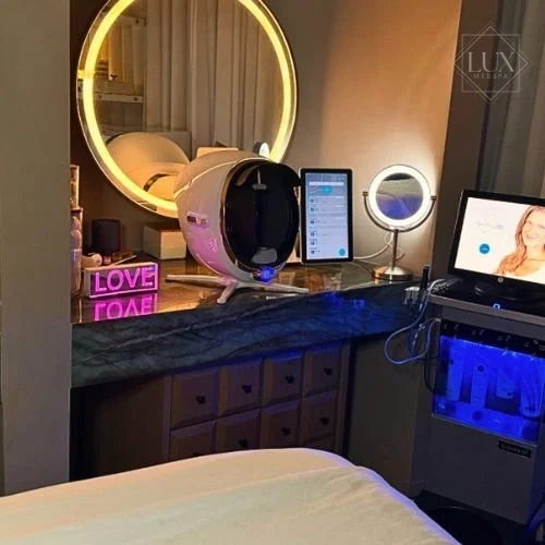Aesthetic treatment room at Lux MedSpa Brickell prepared for an acne facial in Miami