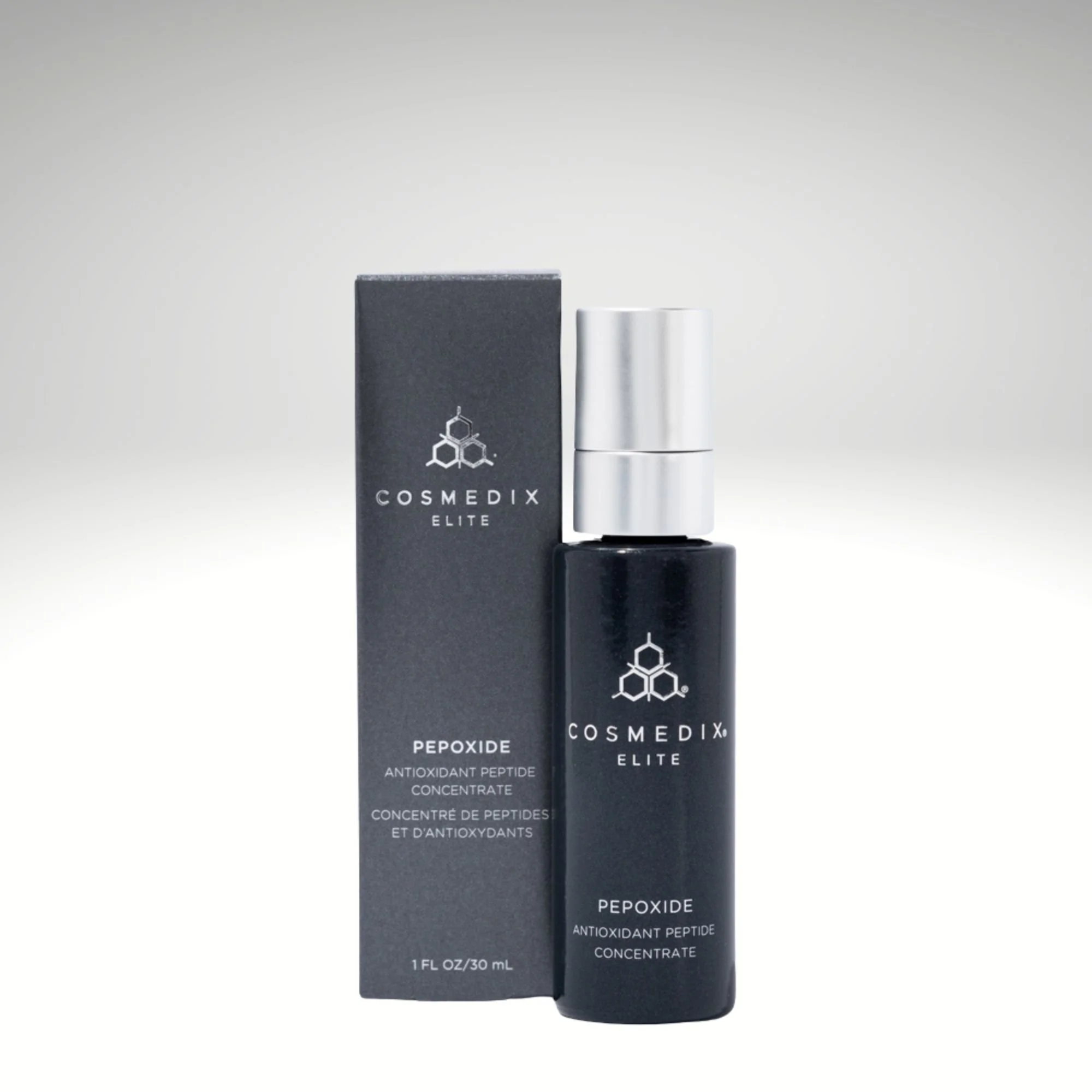 COSMEDIX Elite Pepoxide Antioxidant Peptide Concentrate 30 mL bottle beside its dark product box.