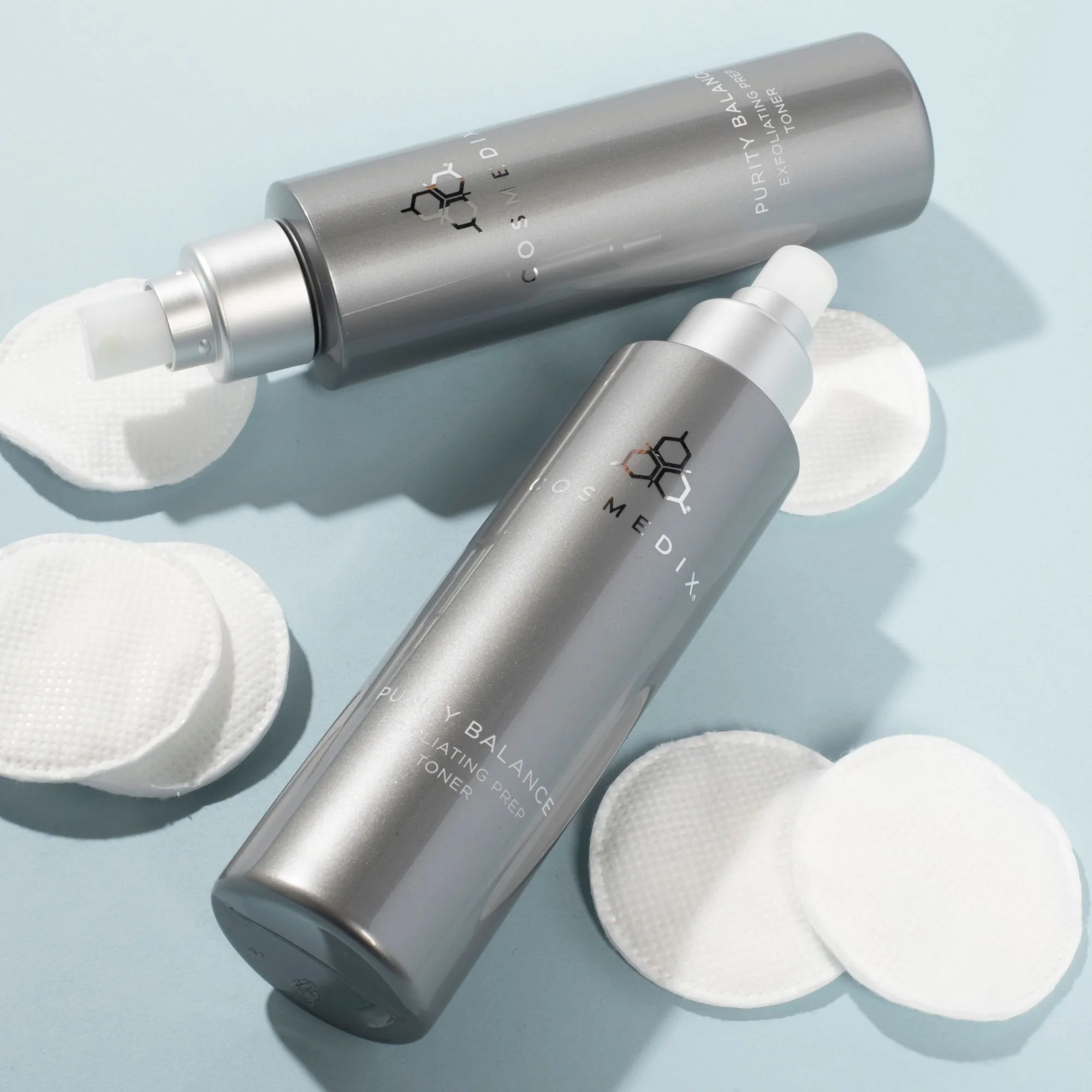 Two COSMEDIX Purity Balance toner bottles arranged next to each other