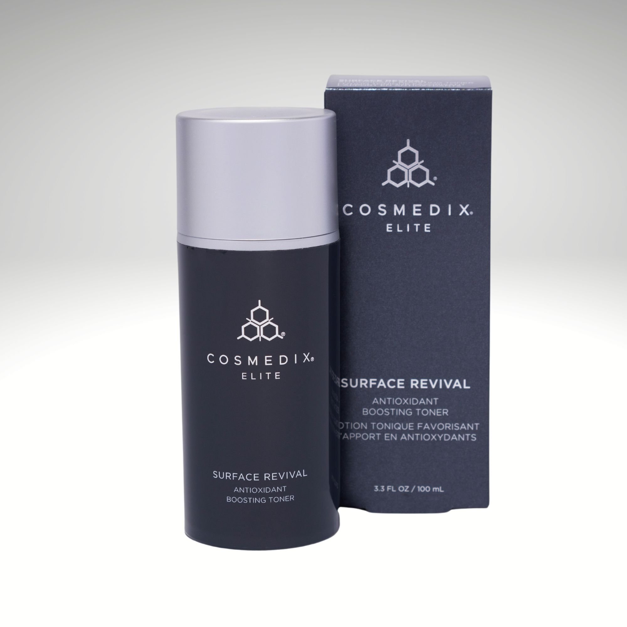 COSMEDIX Elite Surface Revival Antioxidant Boosting Toner bottle displayed beside its matching dark gray packaging box.