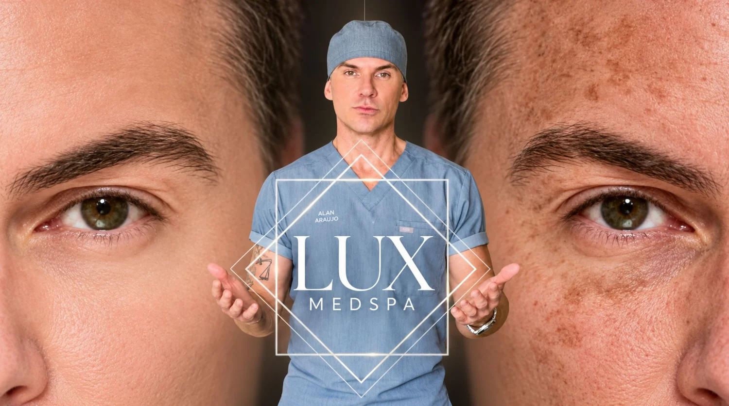 Alan Araujo sharing his skincare journey through images from age 35 and age 48, illustrating differences in visible facial pigmentation.
