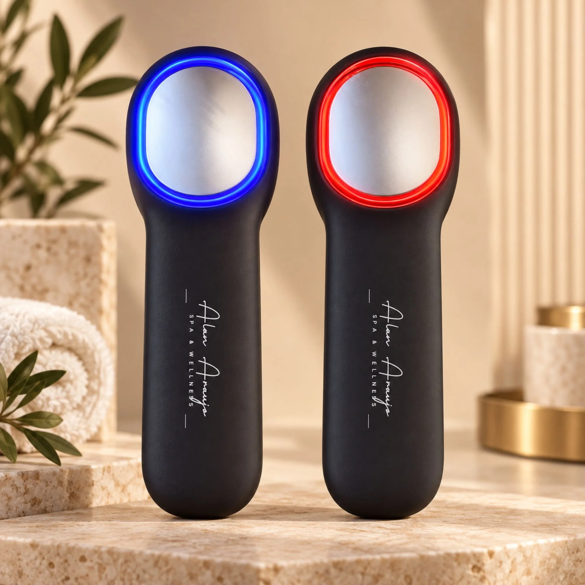 Premium black handheld spa device featuring a silicone facial cleansing side and a smooth metal hot and cold compress treatment side,
