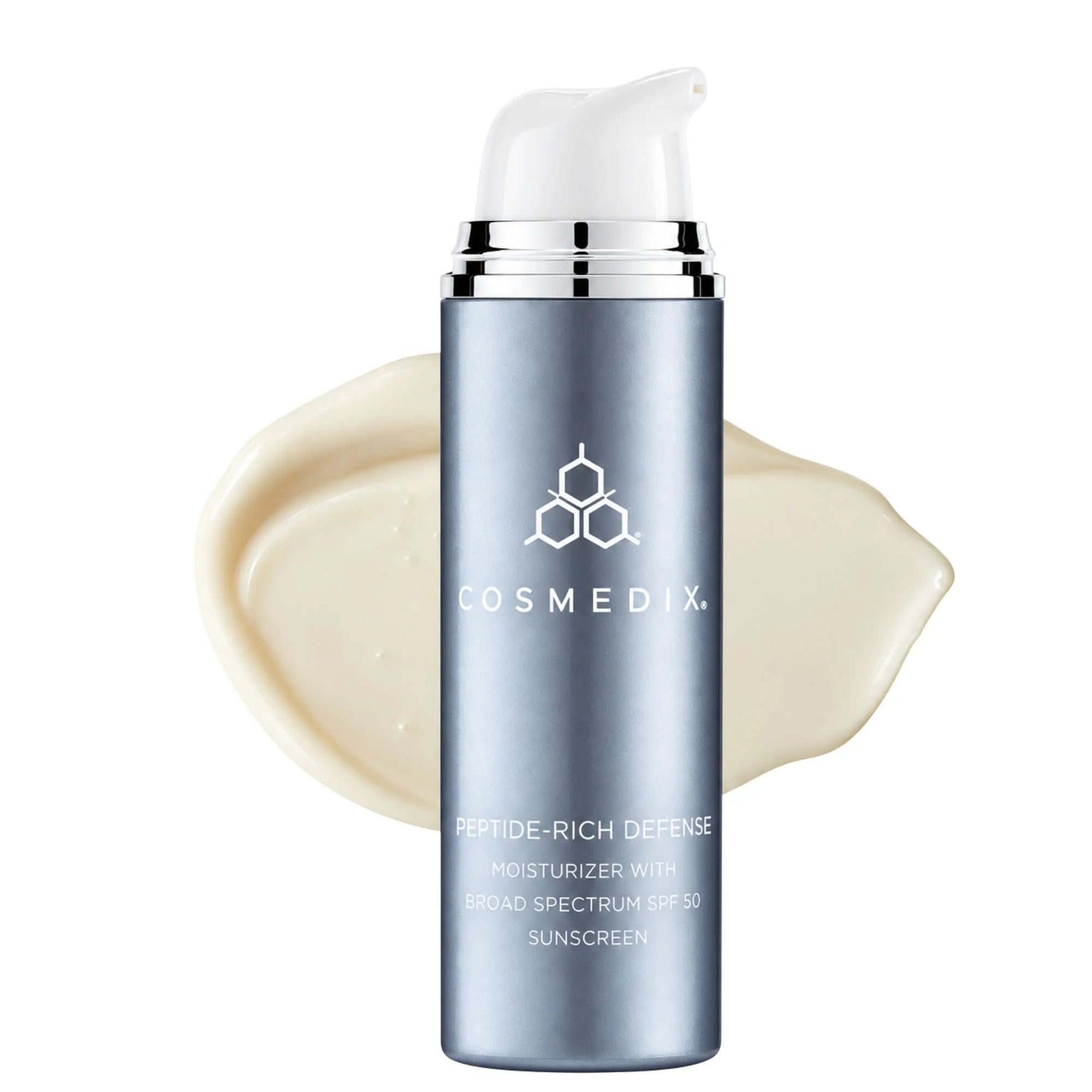 COSMEDIX Peptide-Rich Defense broad-spectrum SPF 50 moisturizer and product packaging.