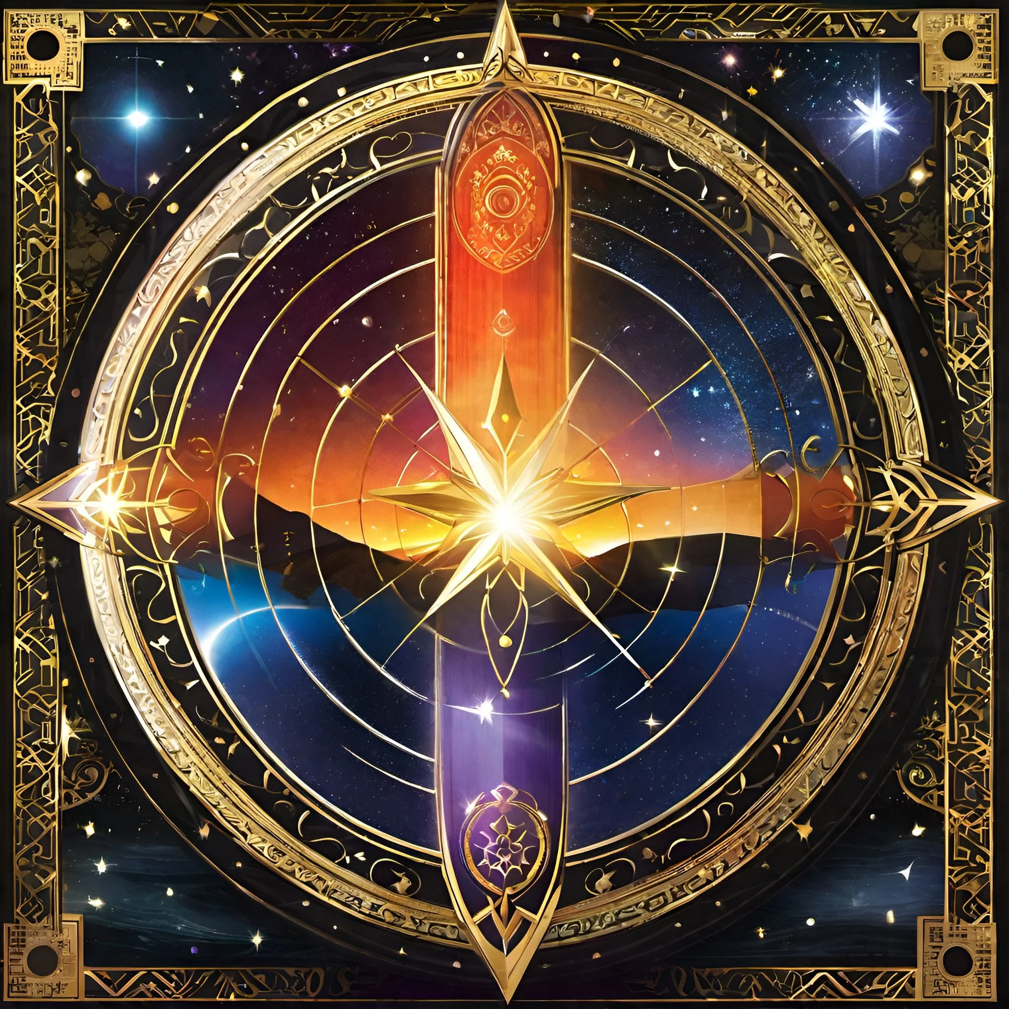 Intricate celestial compass design with starry sky and golden accents. Central glowing star, ornate circular patterns, cosmic motifs. Vibrant colors include blue, orange, and red.