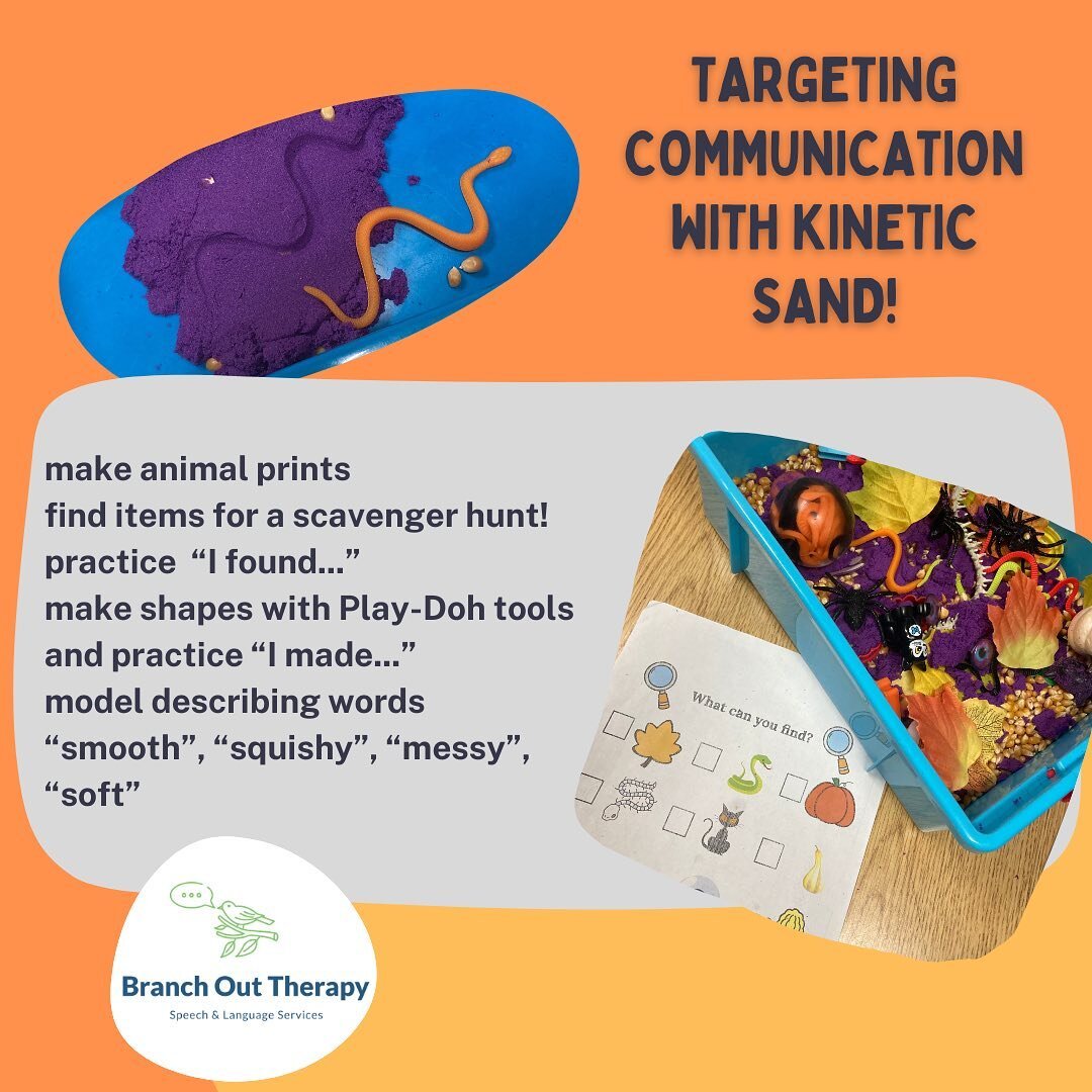 🎃Confession, I might enjoy playing with kinetic sand even more than the kids! It makes any sensory bin a whole lot more fun! 

Branch Out Therapy LLC offers speech-language therapy in the community and at the Be Well Collective on Henderson Rd. Afte