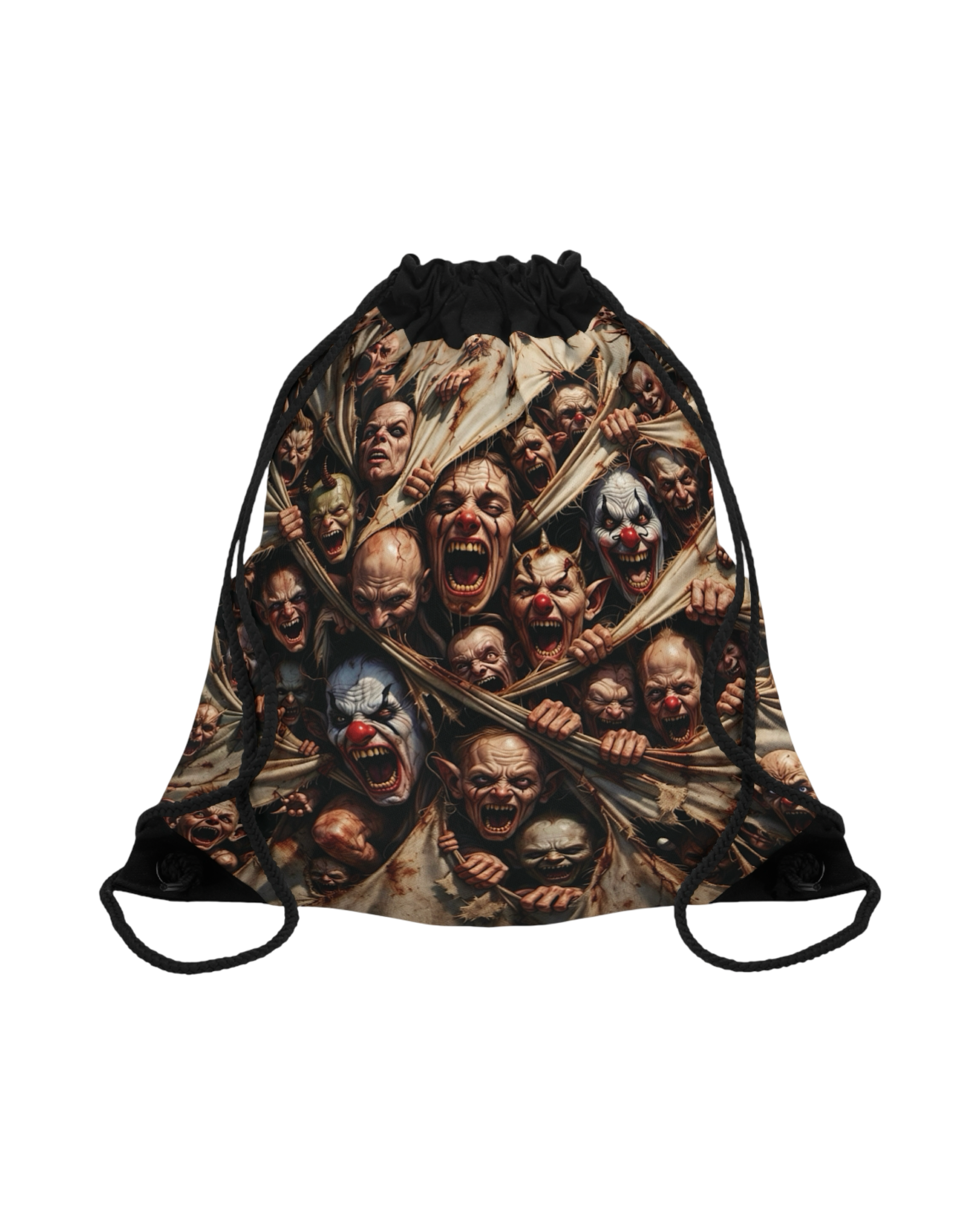 A drawstring bag featuring a collage of horror movie clown faces with gruesome and scary expressions.
