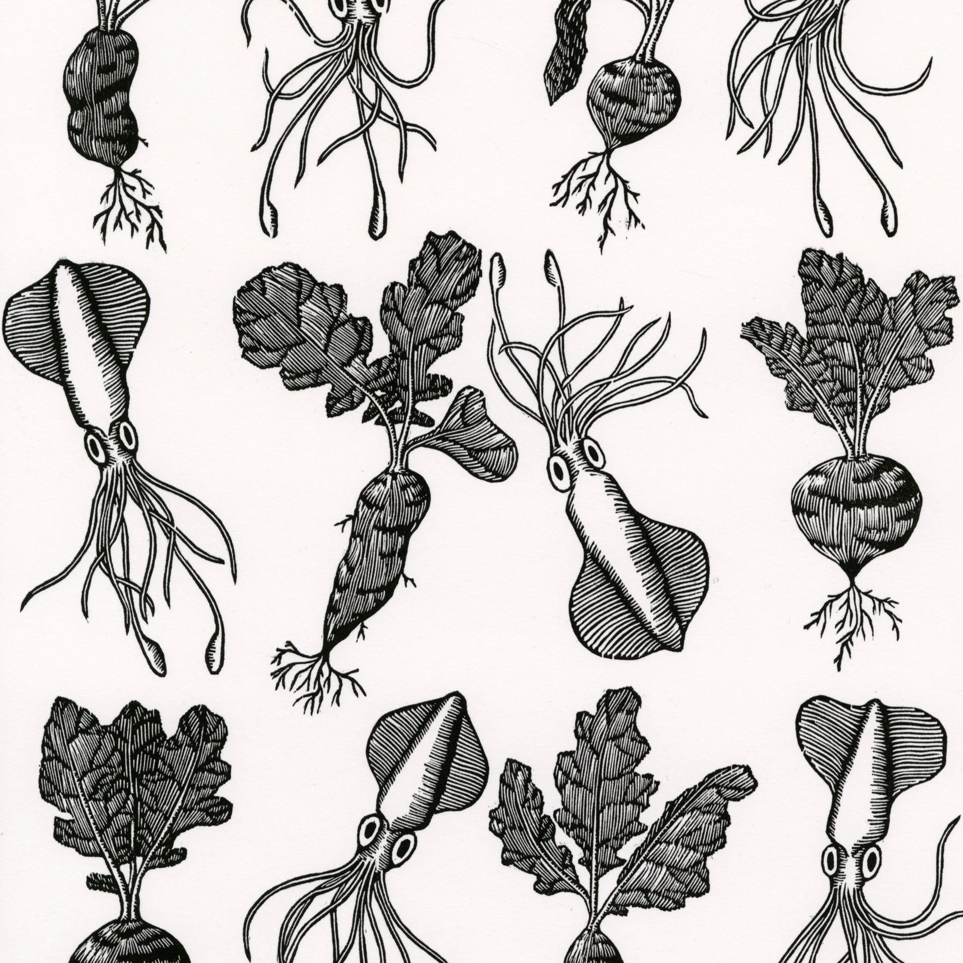 a pattern of different squid and radish images