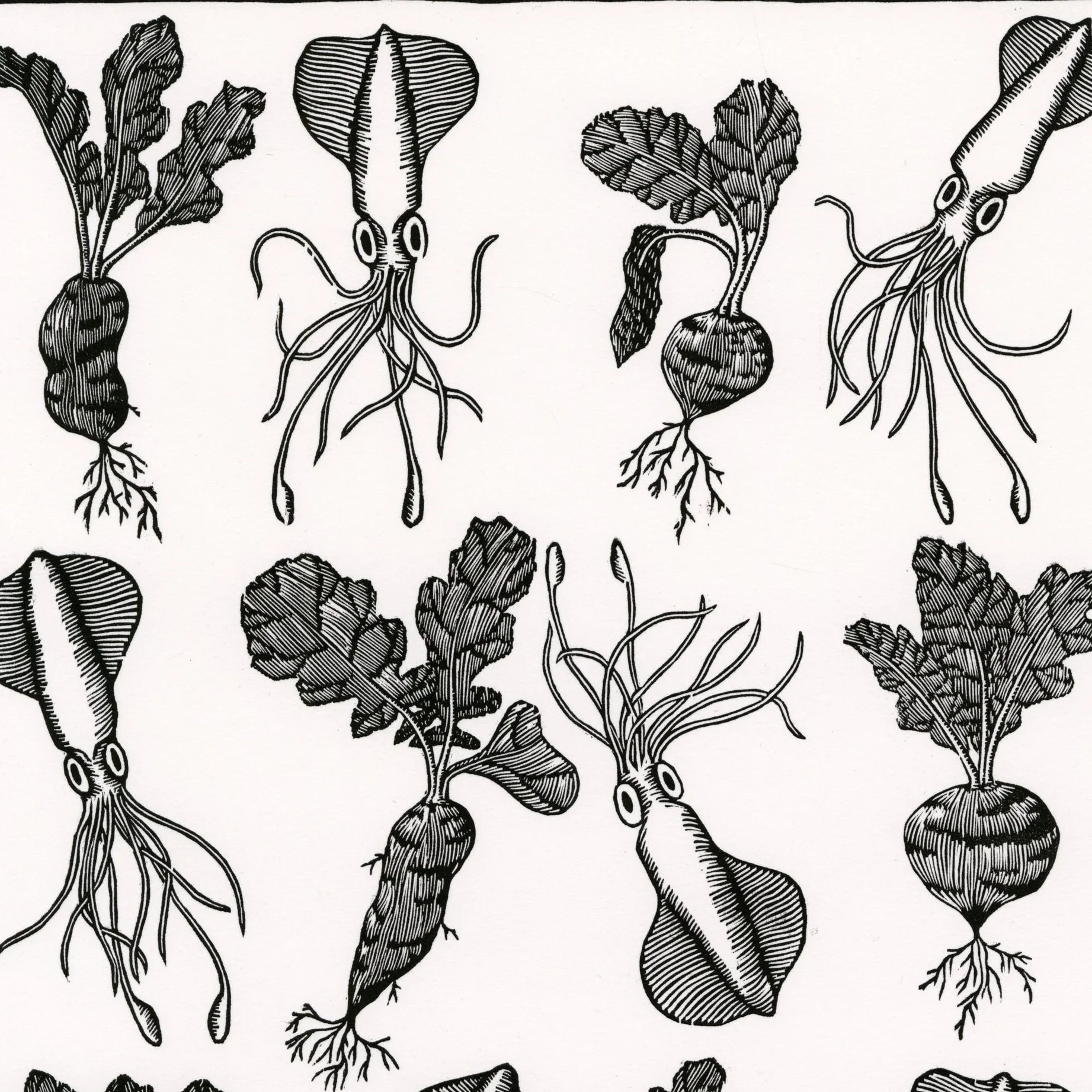 Black and white image of a squid and radish pattern