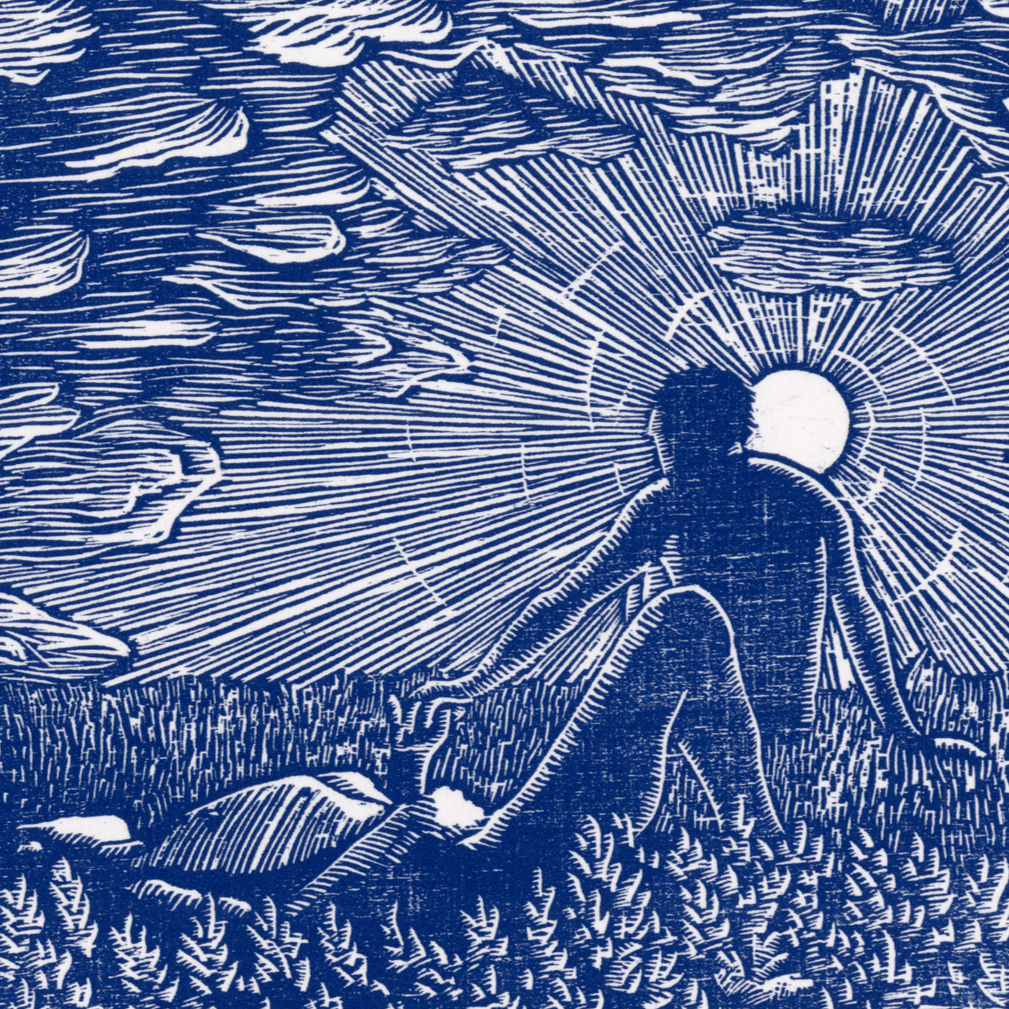 Image of two figures holding hands in a field while looking at a sunset