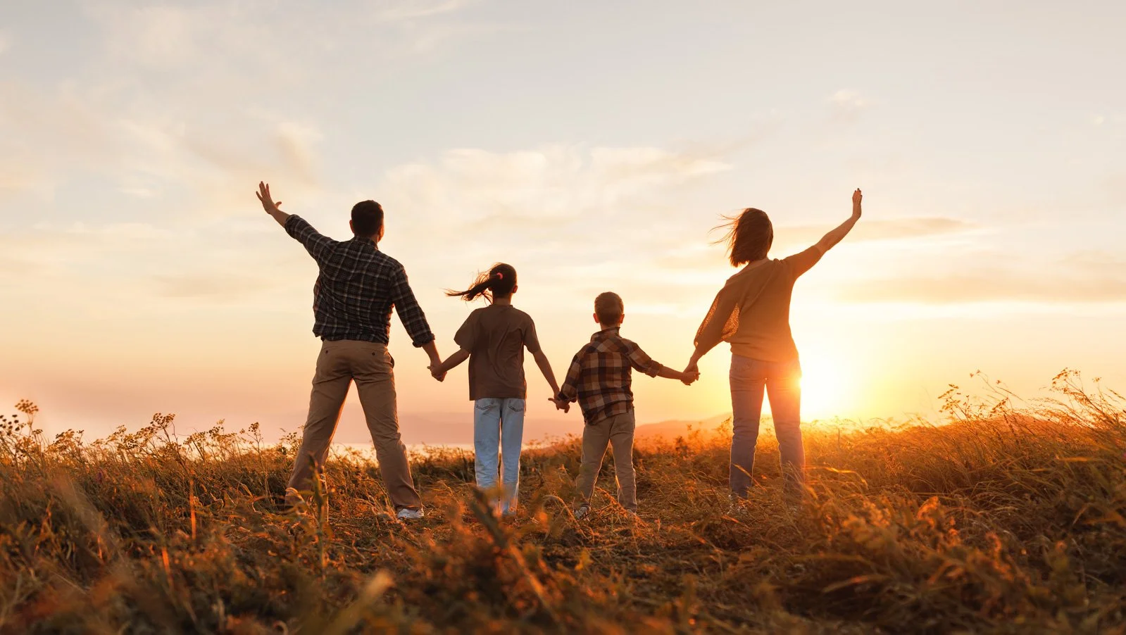 A family of five holding hands and walking in a field during sunset.