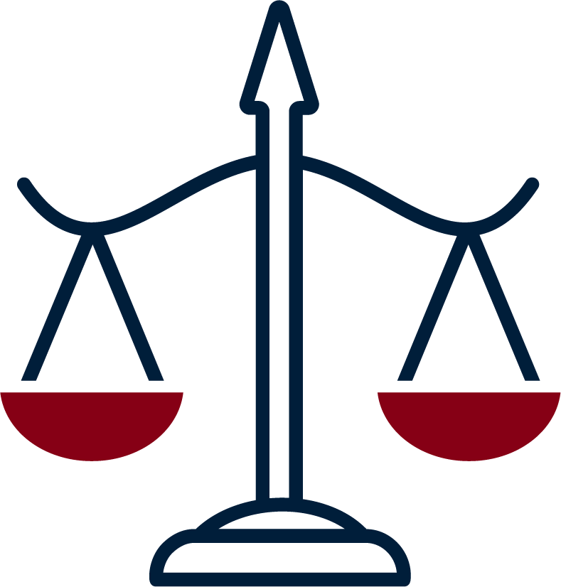 Icon of a balanced scale with red pans, symbolizing justice or law.