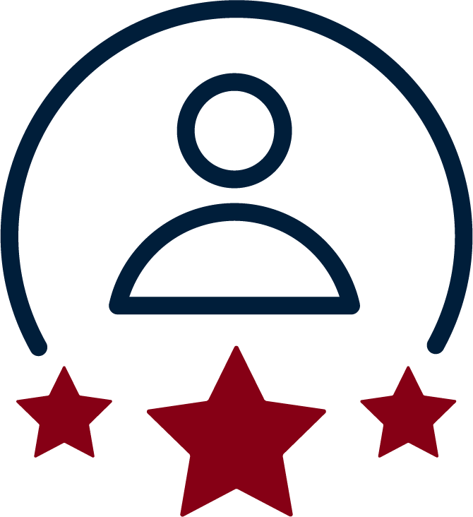 A graphic icon of a person with a circle representing the head and a curved line representing the shoulders, surrounded by three red stars beneath a curved blue line.