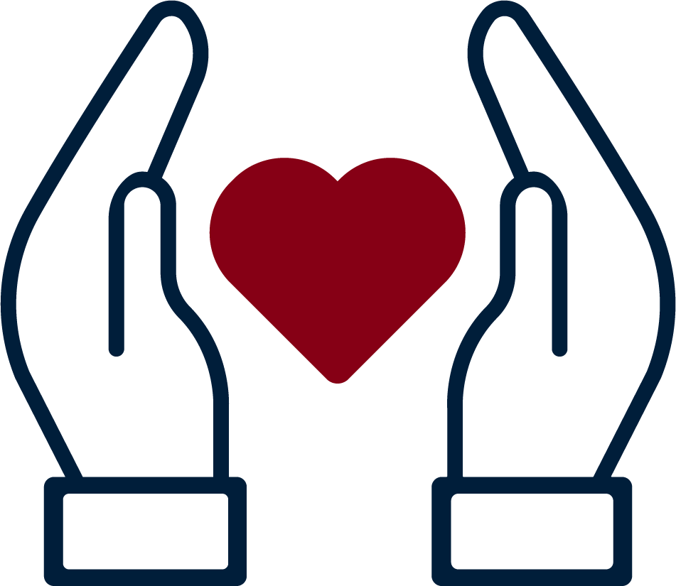 Outline of two hands holding a red heart.