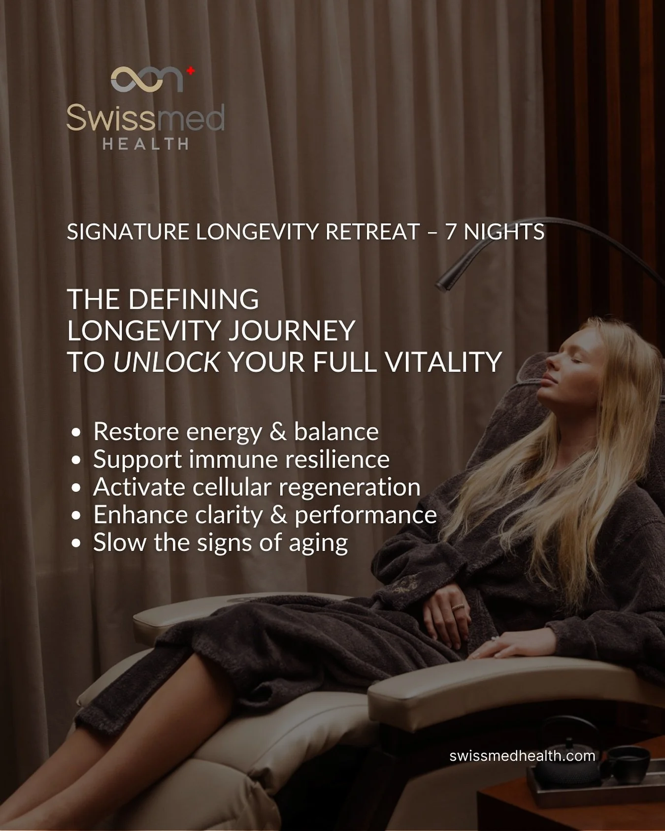 ✨ SIGNATURE LONGEVITY RETREAT &ndash; 7 NIGHTS
A defining journey to restore balance, unlock vitality, and extend your healthspan.

At Swissmed Health, the 7-night Signature Program blends advanced diagnostics, personalised therapies, and restorative