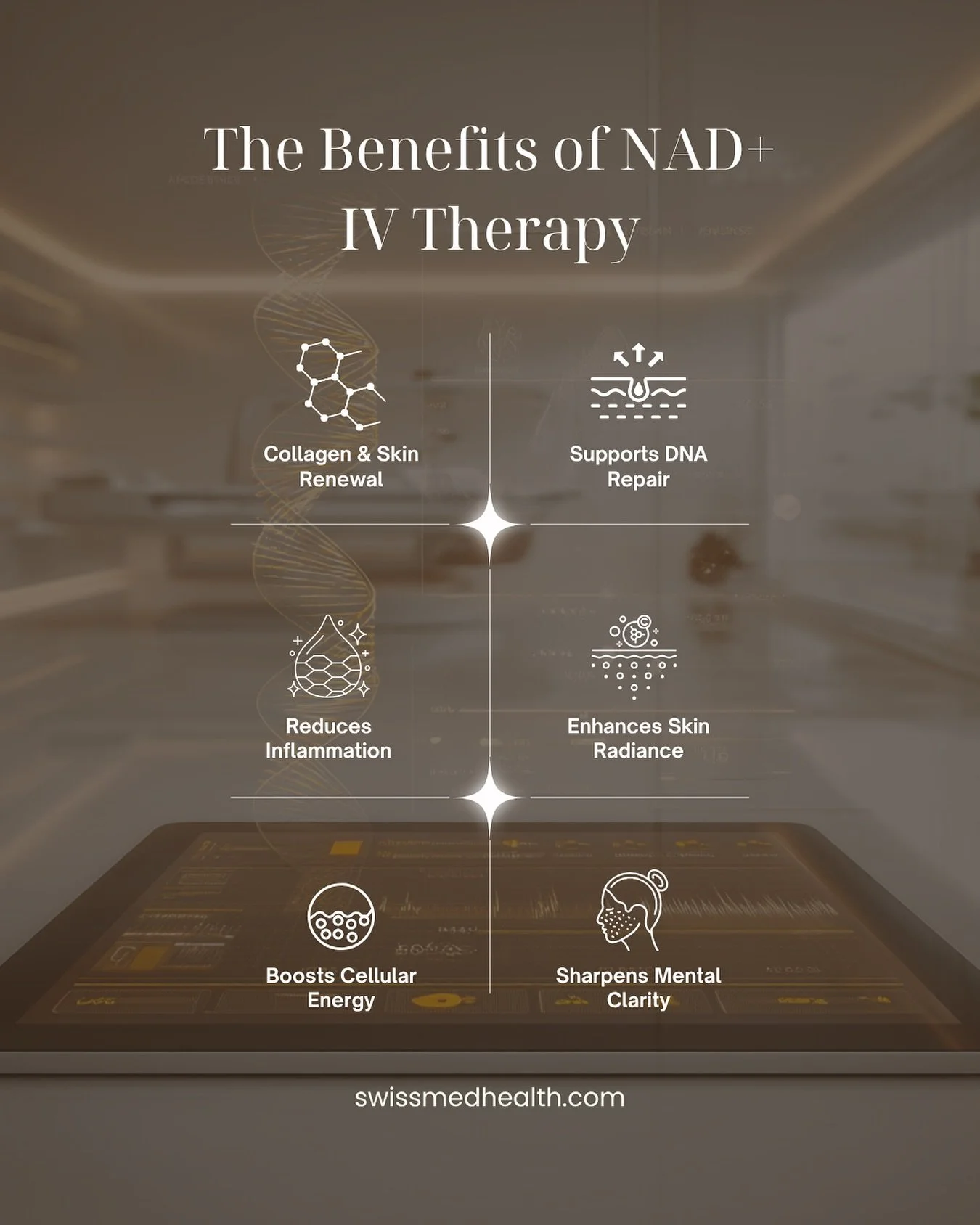 The Benefits of NAD+ IV Therapy ✨
At Swissmed Health, longevity begins at the cellular level.
NAD+ is your body&rsquo;s powerhouse molecule &mdash; restoring vitality, protecting DNA, and slowing the visible signs of aging.

💧 Here&rsquo;s how NAD+ 