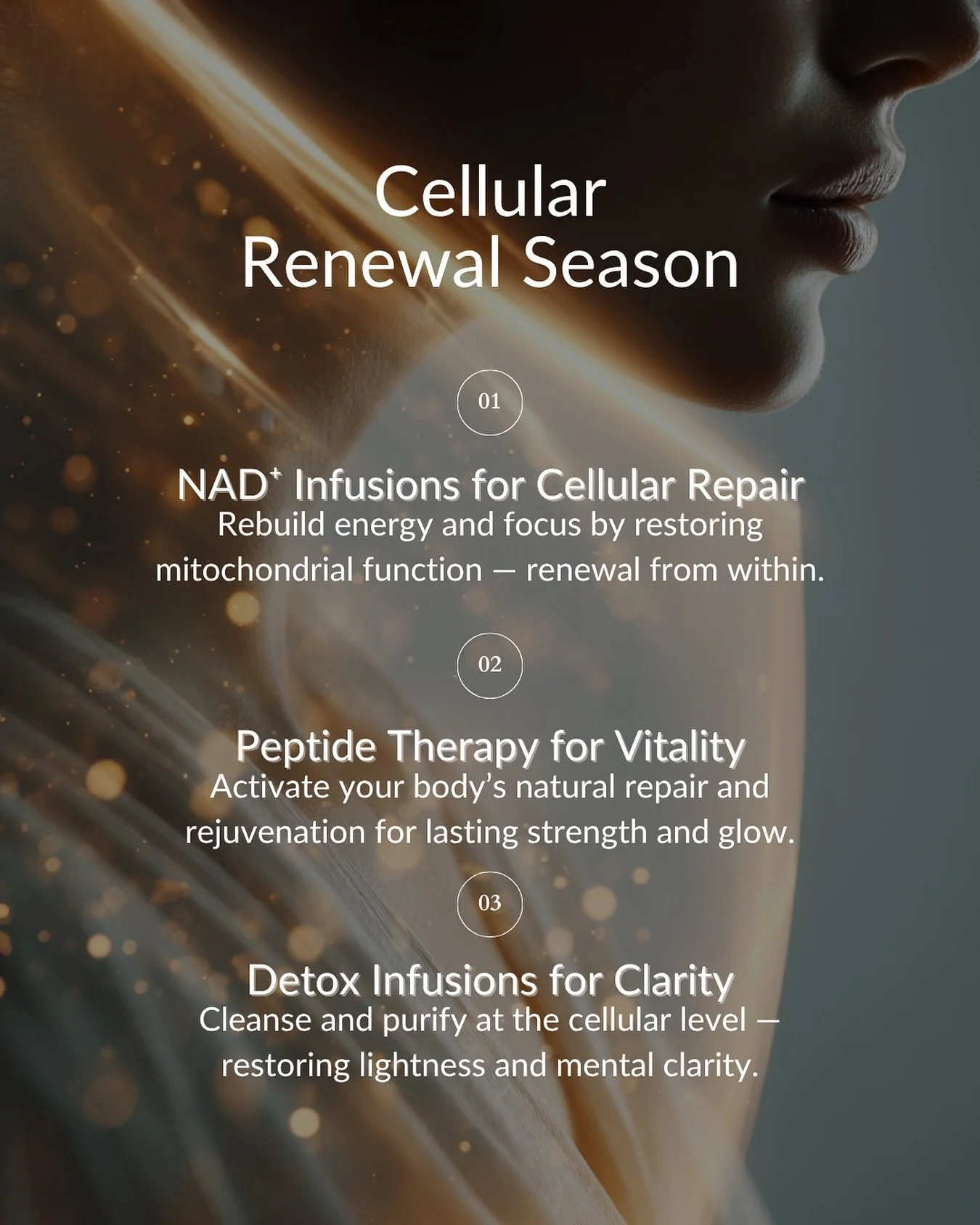 CELLULAR RENEWAL SEASON 🍂

This autumn, Swissmed Health introduces a clinical protocol designed to rebuild, rebalance, and renew from within.

✦ NAD⁺ Infusions for cellular repair and mitochondrial vitality
✦ Peptide Therapy for natural regeneration