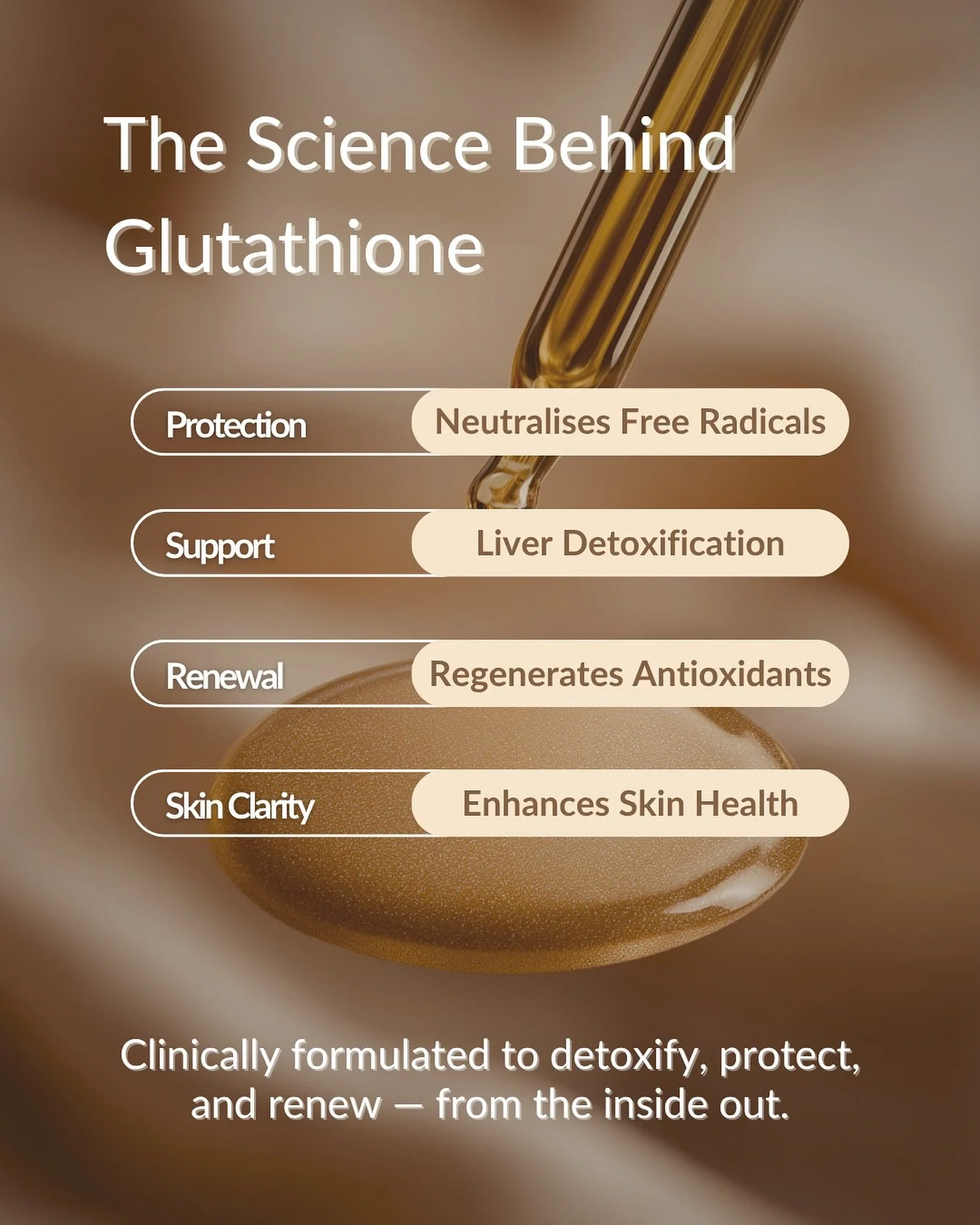 💎 The Science Behind Glutathione

Glutathione &mdash; often called the Master Antioxidant &mdash; is the body&rsquo;s natural defense system against oxidative stress and cellular damage.

By neutralising free radicals and supporting liver detoxifica