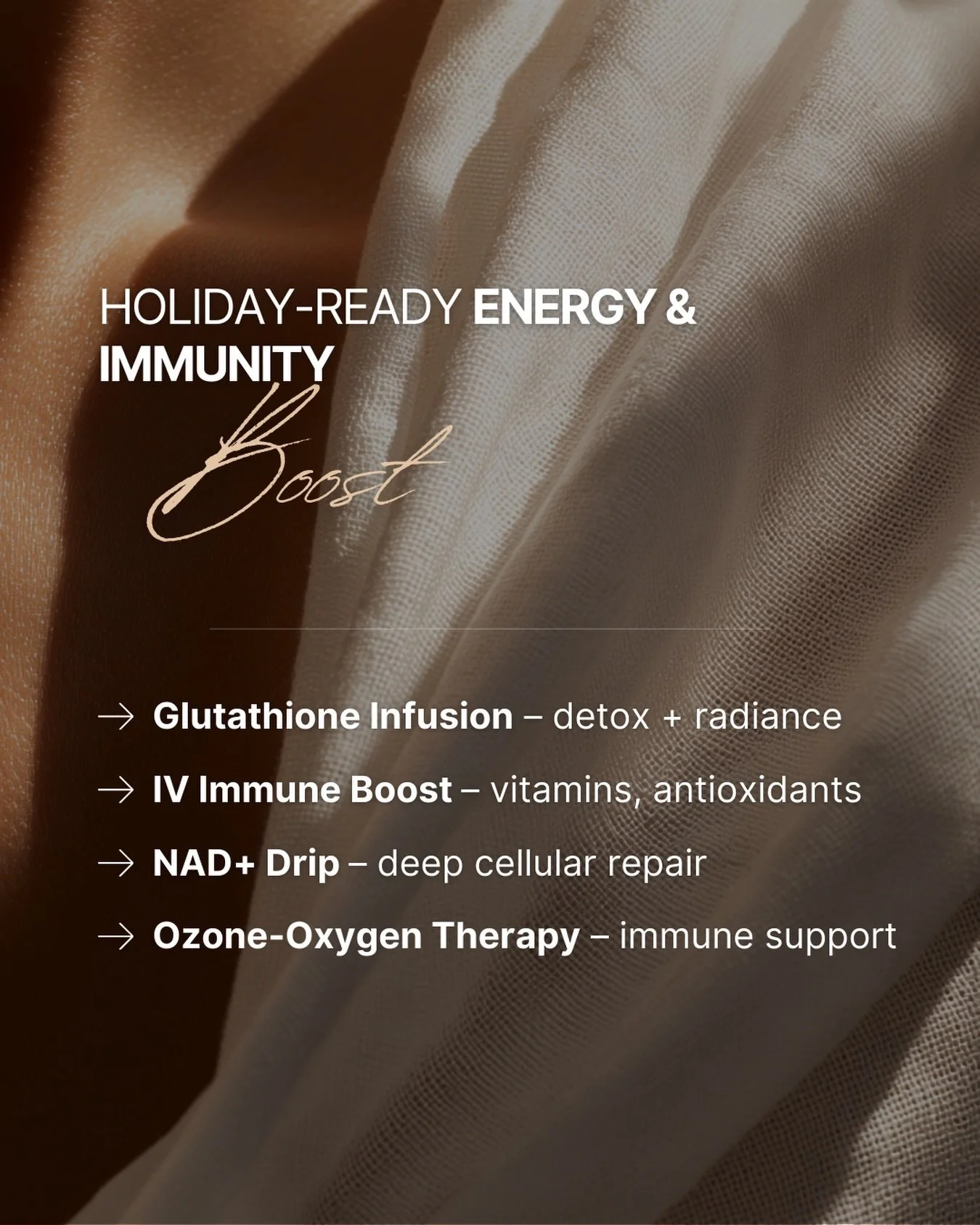 🎁 Holiday-Ready Energy &amp; Immunity Boost

Step into the festive season feeling energised, radiant, and fully supported from within.

Our most requested December therapies:
💎 Glutathione Infusion &mdash; detox + inner radiance
💧 IV Immune Boost 
