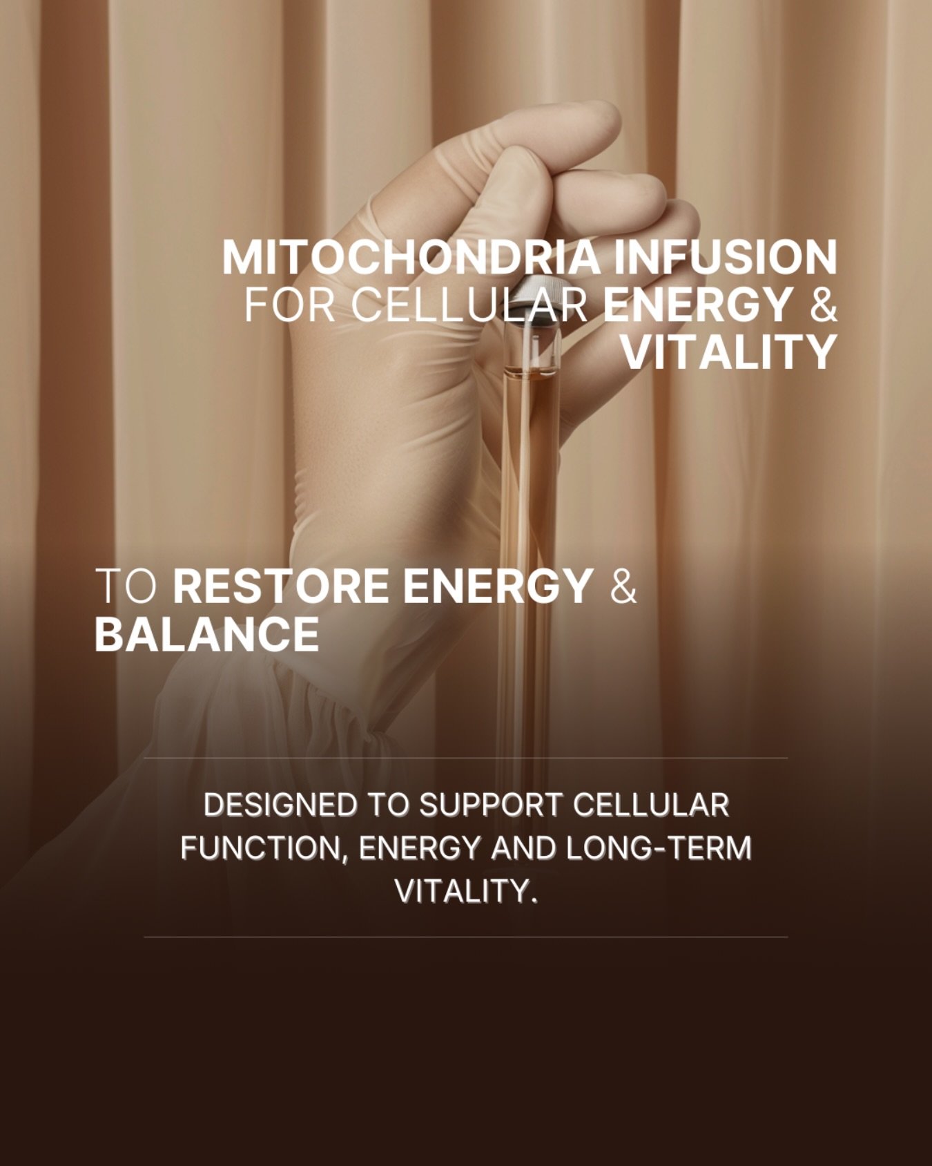 Restore energy at its source.

Mitochondria Infusion is a personalised IV therapy designed to support the body&rsquo;s energy-producing systems at a cellular level. By targeting mitochondrial function, it helps support sustained energy, recovery and 