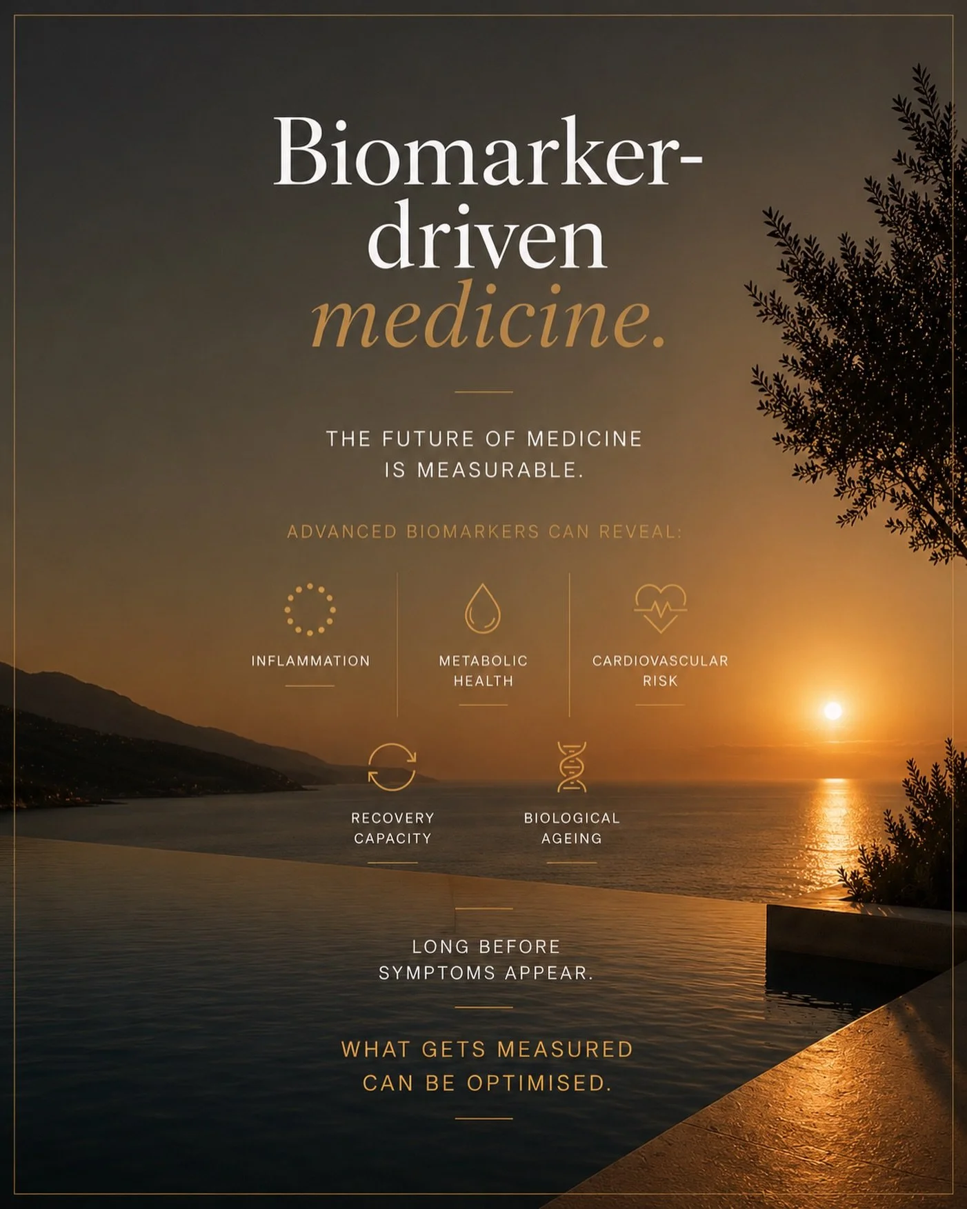 The future of medicine is measurable.

Advanced biomarkers can reveal:
&mdash; inflammation
&mdash; metabolic health
&mdash; cardiovascular risk
&mdash; recovery capacity
&mdash; biological ageing

Long before symptoms appear.

Modern longevity is no