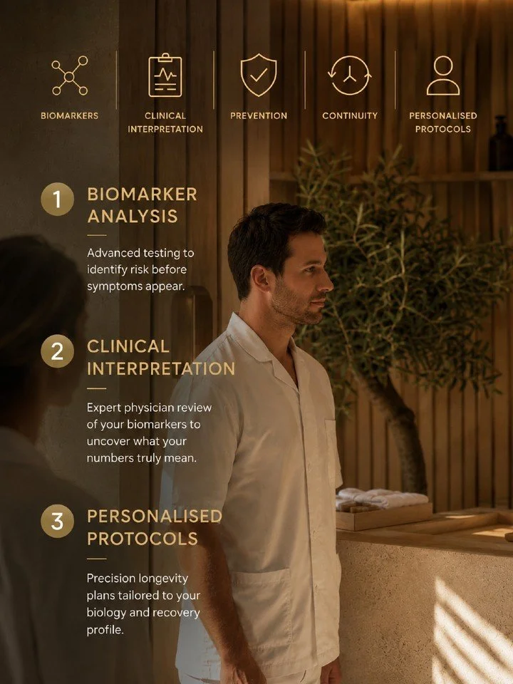 The future of longevity medicine is becoming measurable, personalised and preventative.

At Swissmed Health, our approach combines:

&mdash; Advanced biomarker analysis
&mdash; Physician-led clinical interpretation
&mdash; Personalised longevity prot