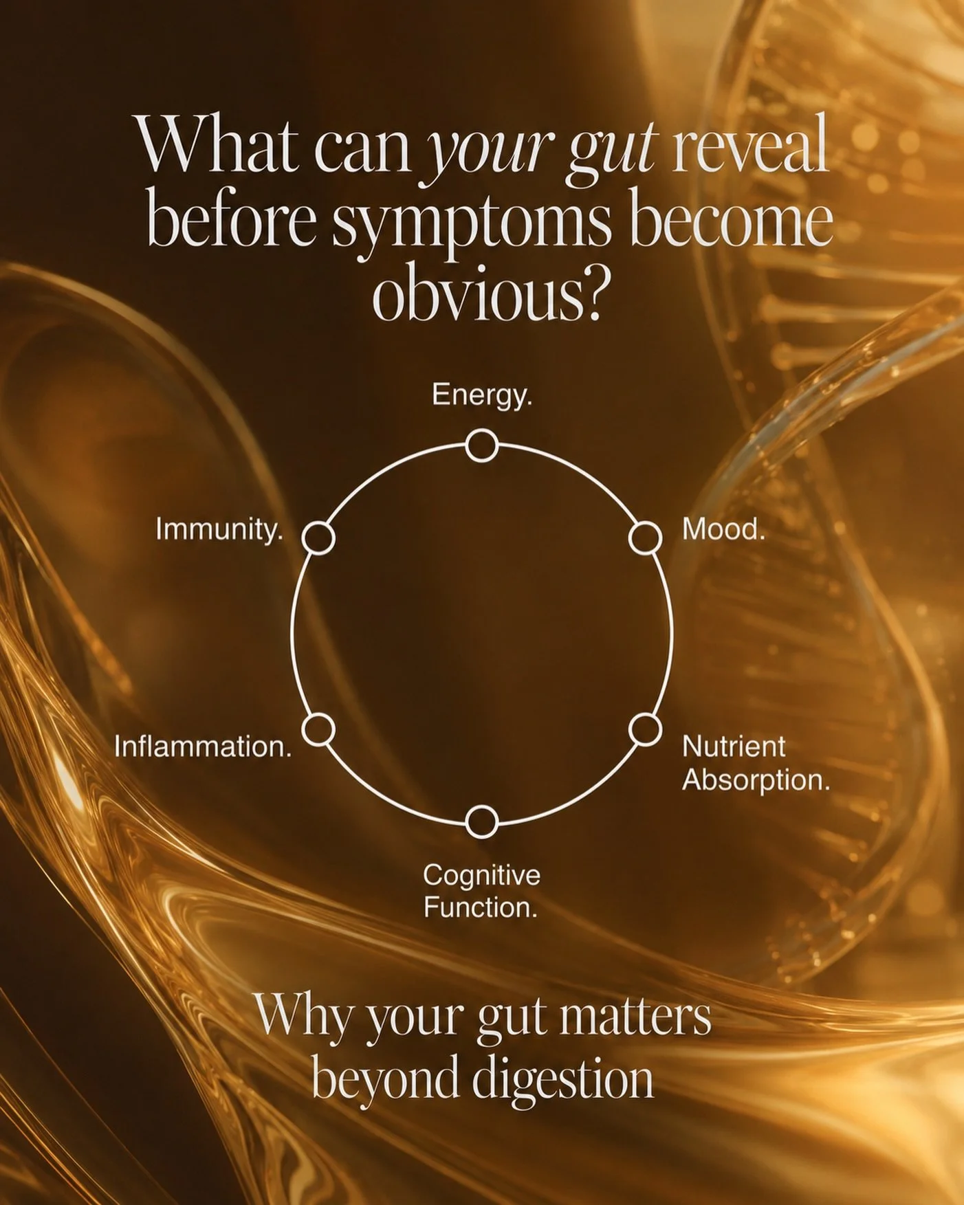 Gut Health &amp; Longevity
What can your gut reveal before symptoms become obvious?
Your gut does far more than digest food. It can influence how you feel, think, recover and age.

Key signals may include:
&bull; Energy
&bull; Immunity
&bull; Mood
&b