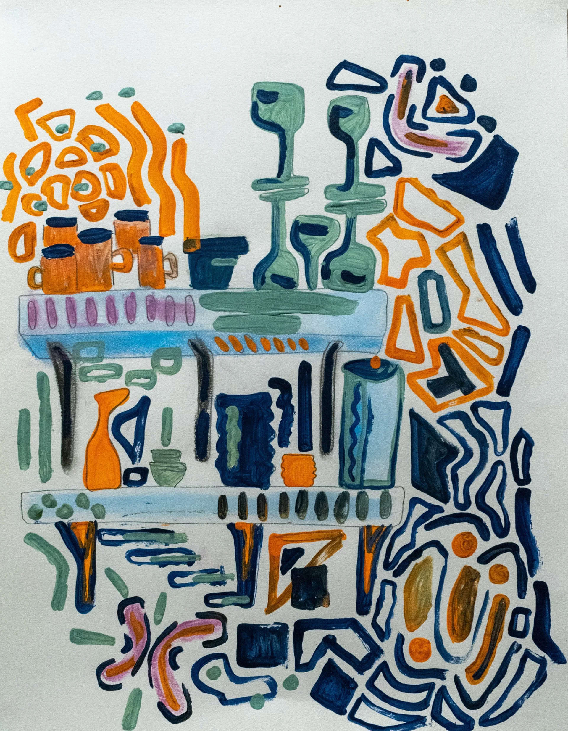 busy shelves, Chalk and Acrylic on Paper, 8.5"x11", 2020