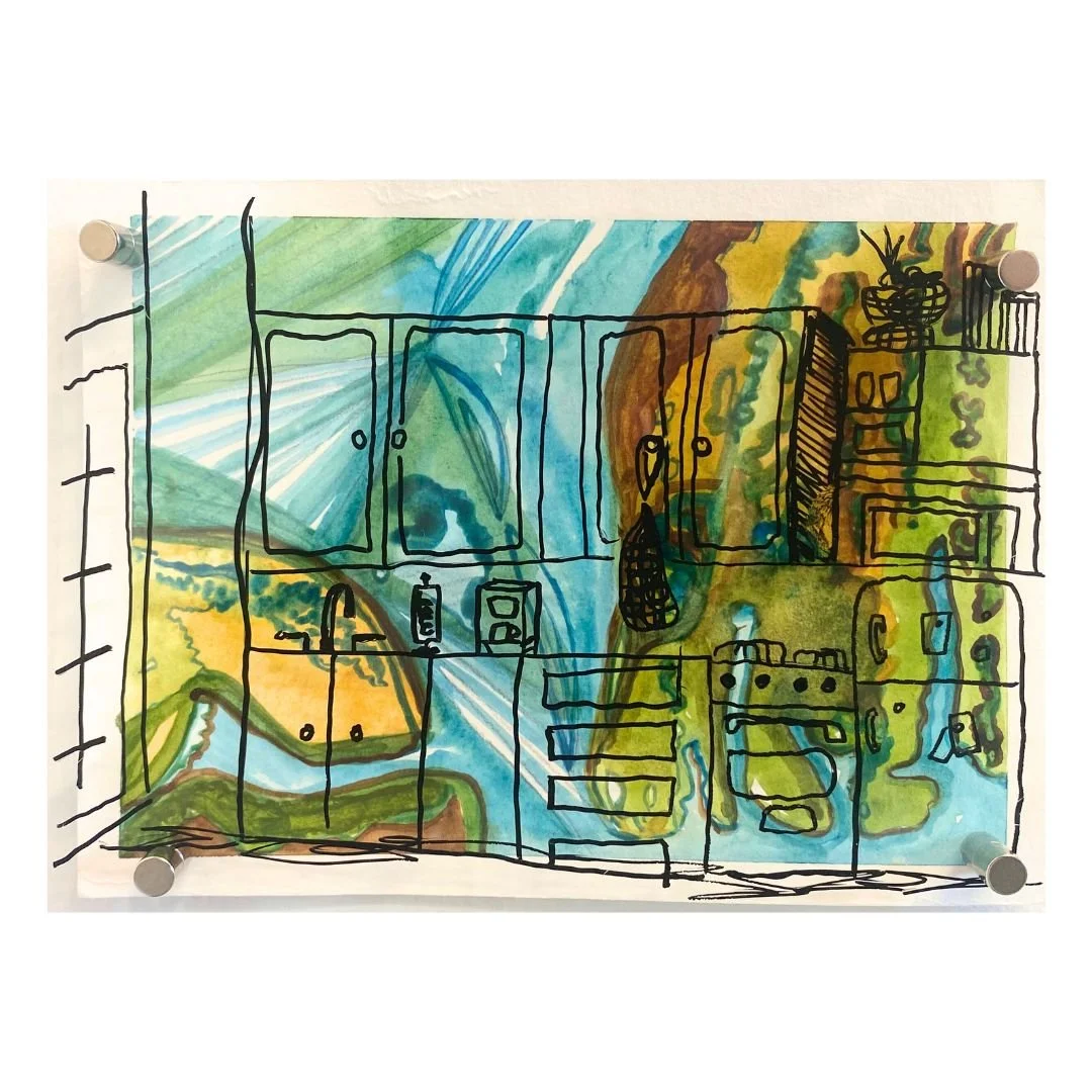 34th Street over West Bay, Duralar pen and Watercolor on paper, 5.5"x4.25", 2023