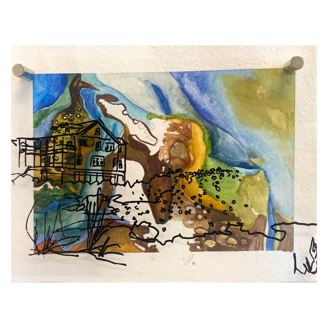 Beach Homes, Duralar over Watercolor, 5.5"x4.25", 2023