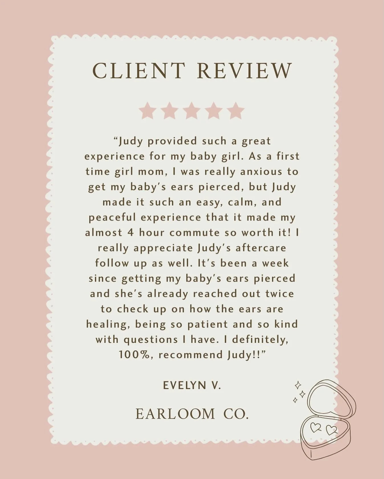 Evelyn, thank you so much for trusting me with your baby girl&rsquo;s piercing! I&rsquo;m honored you made the long drive and so glad the experience felt calm and peaceful. I&rsquo;ll always be here for aftercare support and any questions along the w