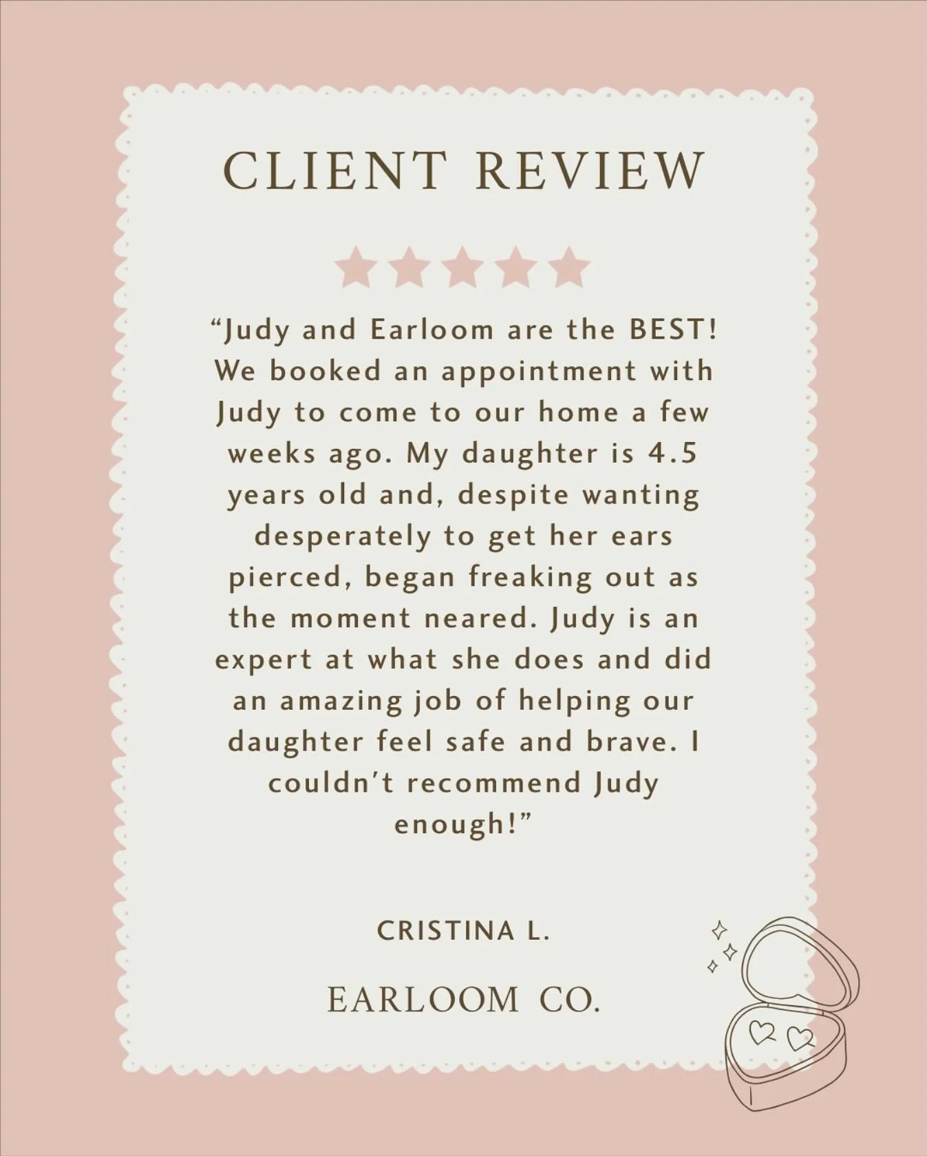 Thank you so much for your kind words, Cristina! I&rsquo;m so glad I could support your daughter and help her feel safe and brave during such a meaningful milestone. It means the world that your family trusted Earloom Co. to be part of this special m
