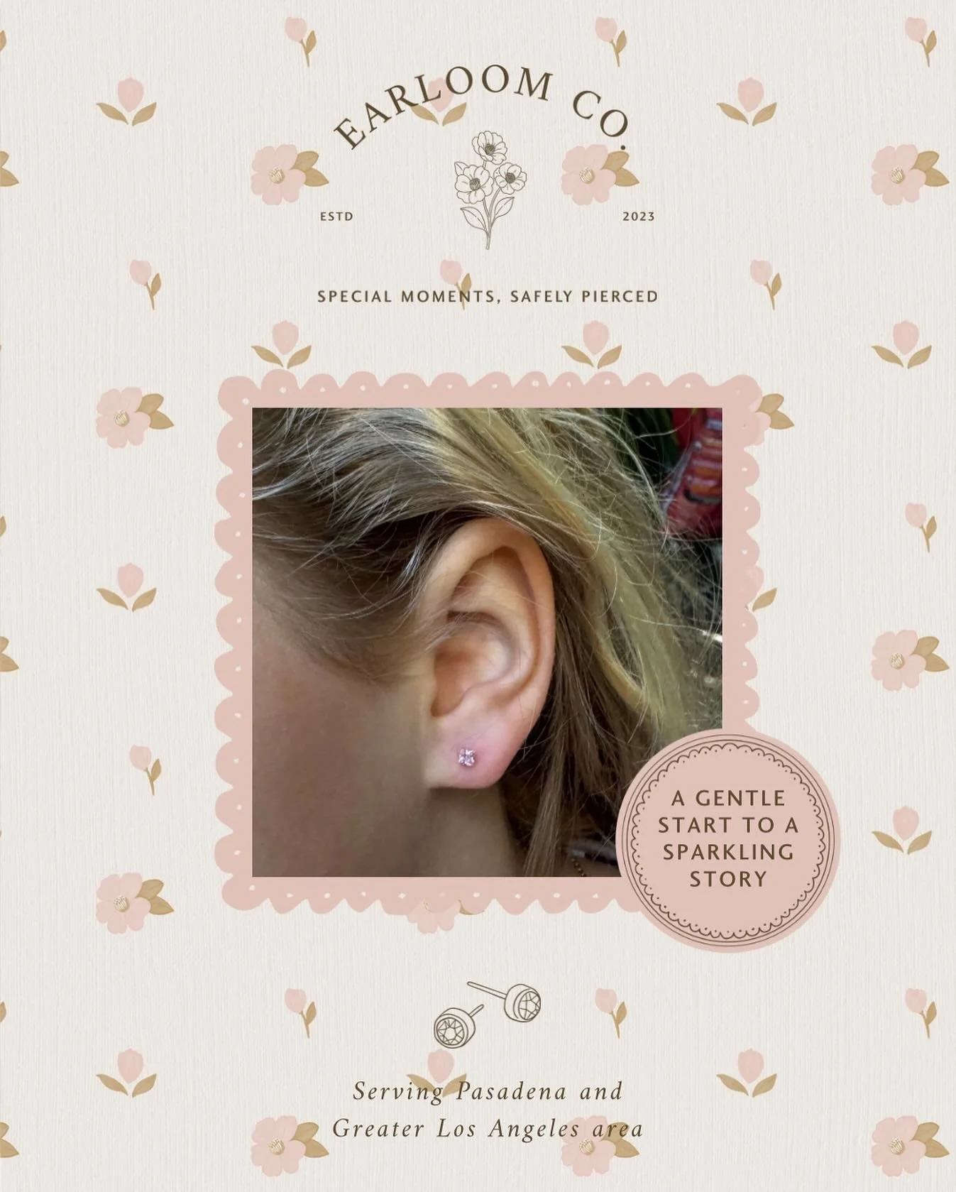 Each year, Earloom Co. donates ear piercing services to local schools to support their fundraisers, and this in-home visit was one of those special gifts. A brave little one, proud parents, and a moment that meant so much. So grateful to give back in