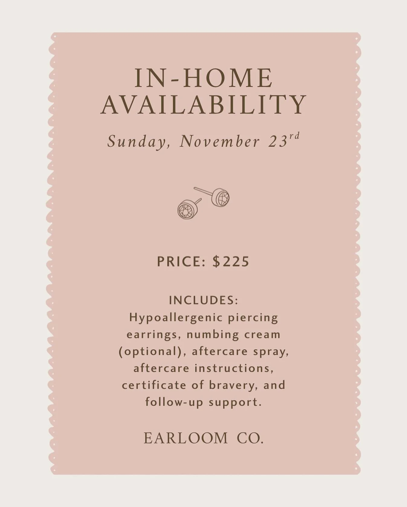 Experience a gentle, nurse-led ear piercing visit in the comfort of your own home. Each visit includes everything you need for a safe and memorable milestone. ✨

Perfect for families who value comfort and care, Earloom Co. provides professional, medi