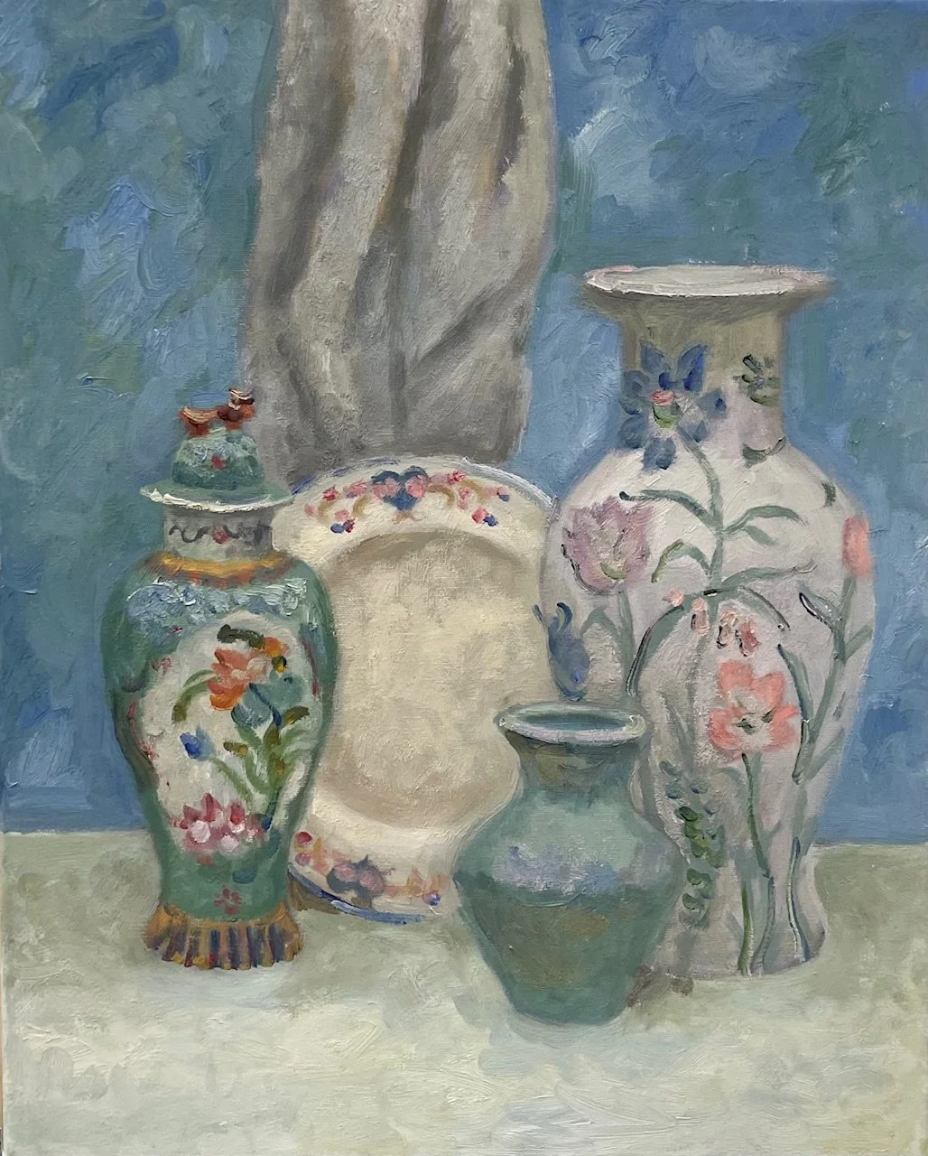 Felicity Stone, Vases in Blues and Greens, Oil on canvas, 20 inches height x 16 inches width, 2023.
