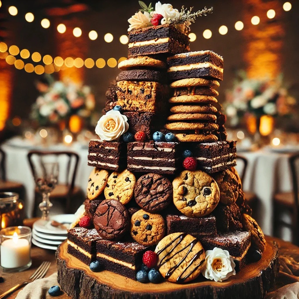 brownies and cookies used as a wedding cake stack