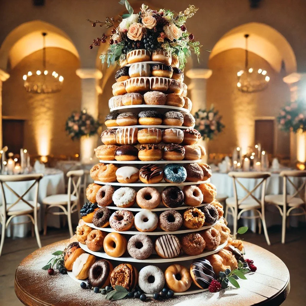 doughnuts towered to make a wedding cake alternative